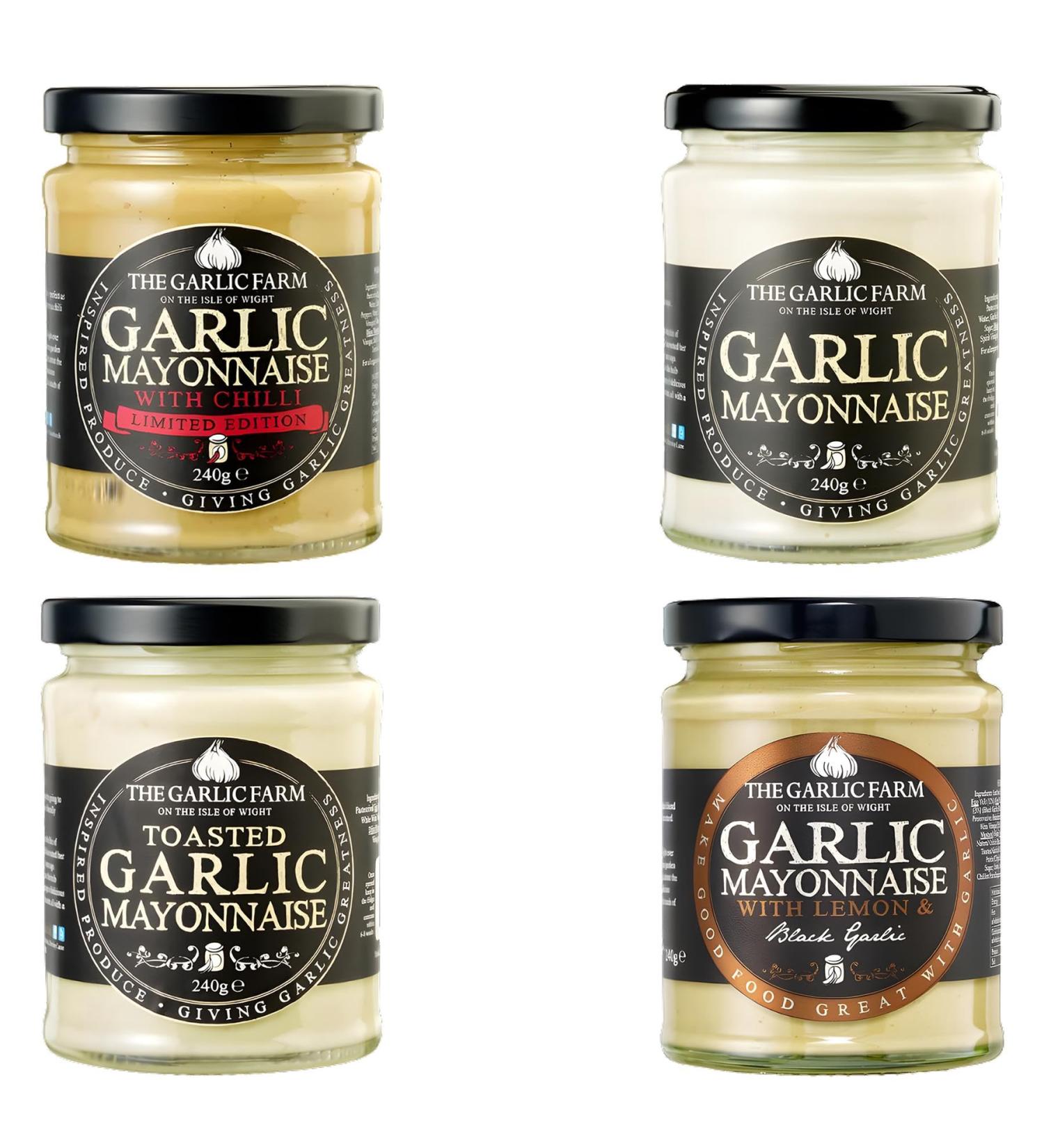 Garlic Farm Mayonnaise Jar Pick N Mix - Choose From 4 Flavours | Black-Garlic Garlic-Mayonnaise Garlic-Mayo with Chilli Toasted Garlic-Mayonn - Pack of 2 x 240g - Buy Online on GoSupps.com