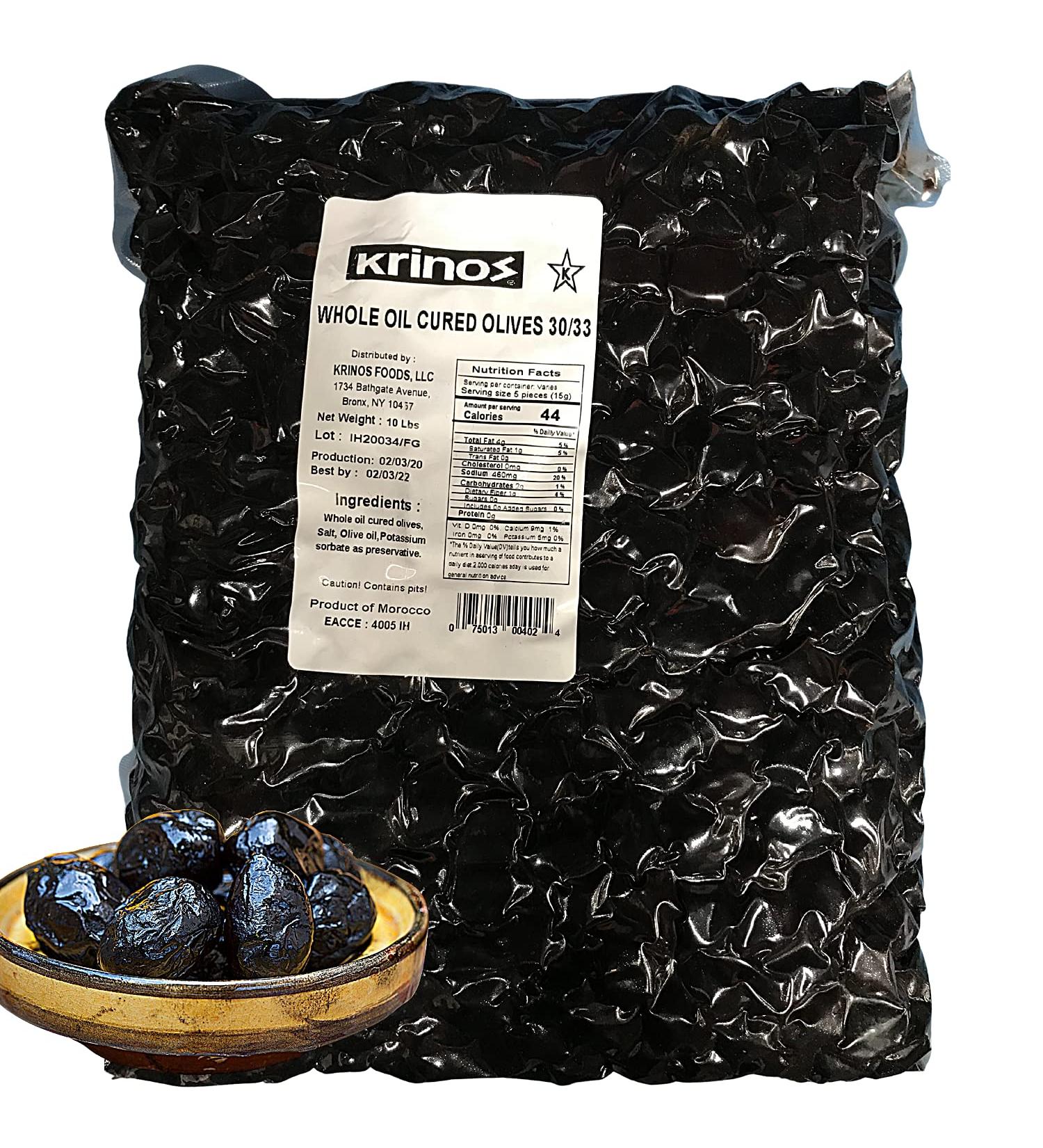 Krinos Foods Moroccan Dry Olive Oil Cured Black Olives - Large Bulk 10 LBS - Whole Dried Olives for Charcuterie, Mezze, Cheese Boards - Buy Online on GoSupps.com