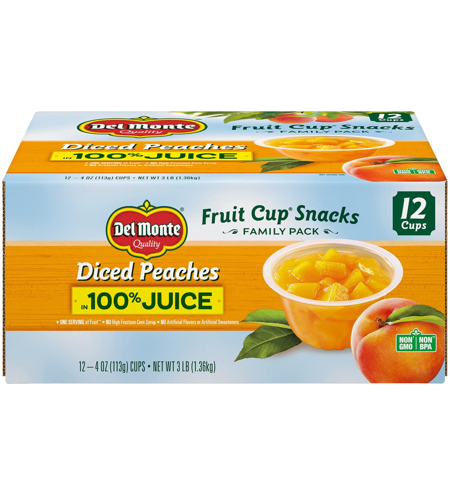 Del Monte Diced Peaches Fruit Cup Snacks 12 Pack 4 oz in 100% Fruit Juice - Buy Now! - Buy Online on GoSupps.com