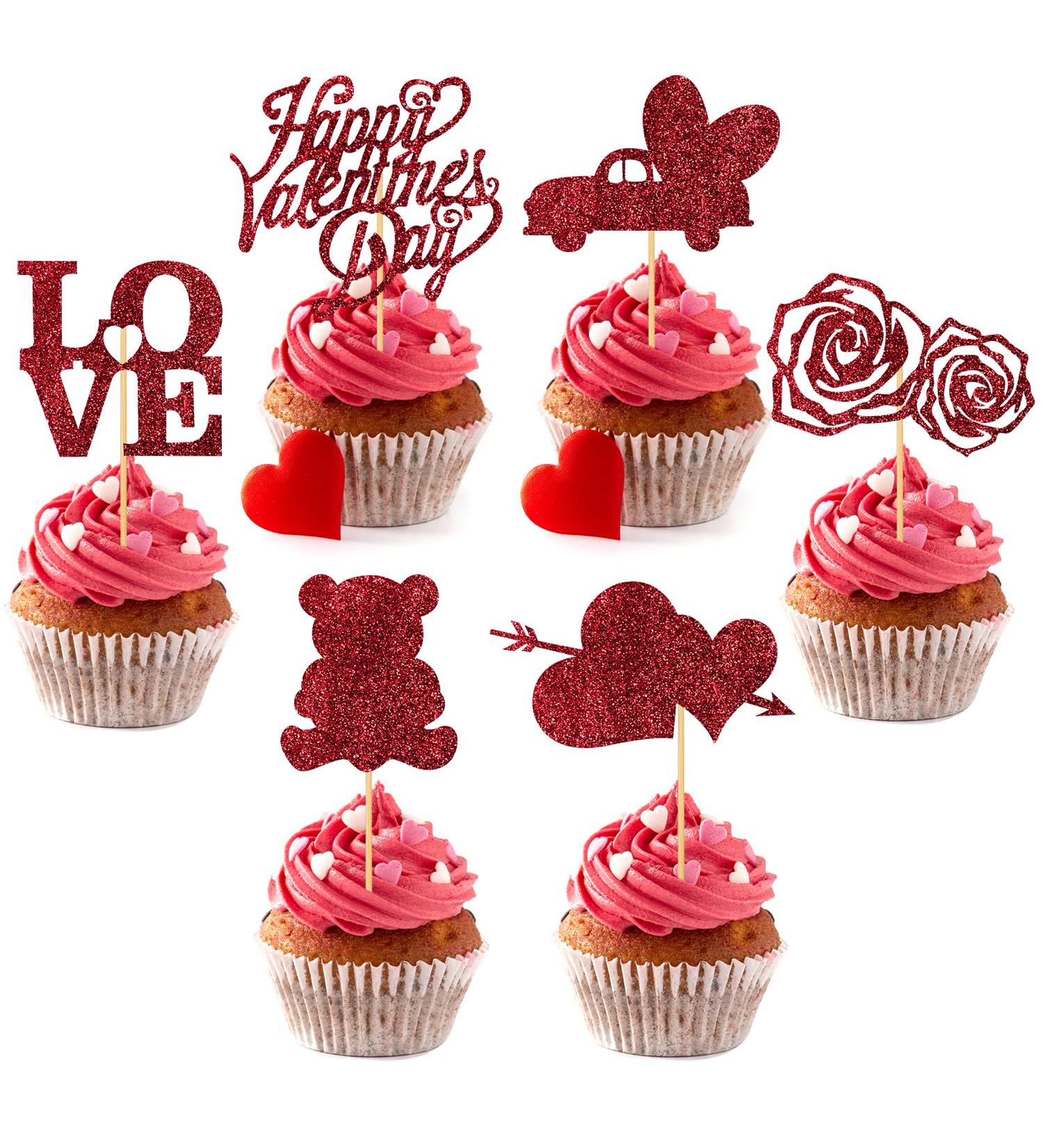 Valentine's Day Cupcake Toppers 12pcs Red Glitter Happy Valentines Day Cake Topper Love Heart Valentine Cupcake Picks for Valentine Theme Party Wedding Engagement Cake Decorations A7AXZTCQ - Buy Online on GoSupps.com