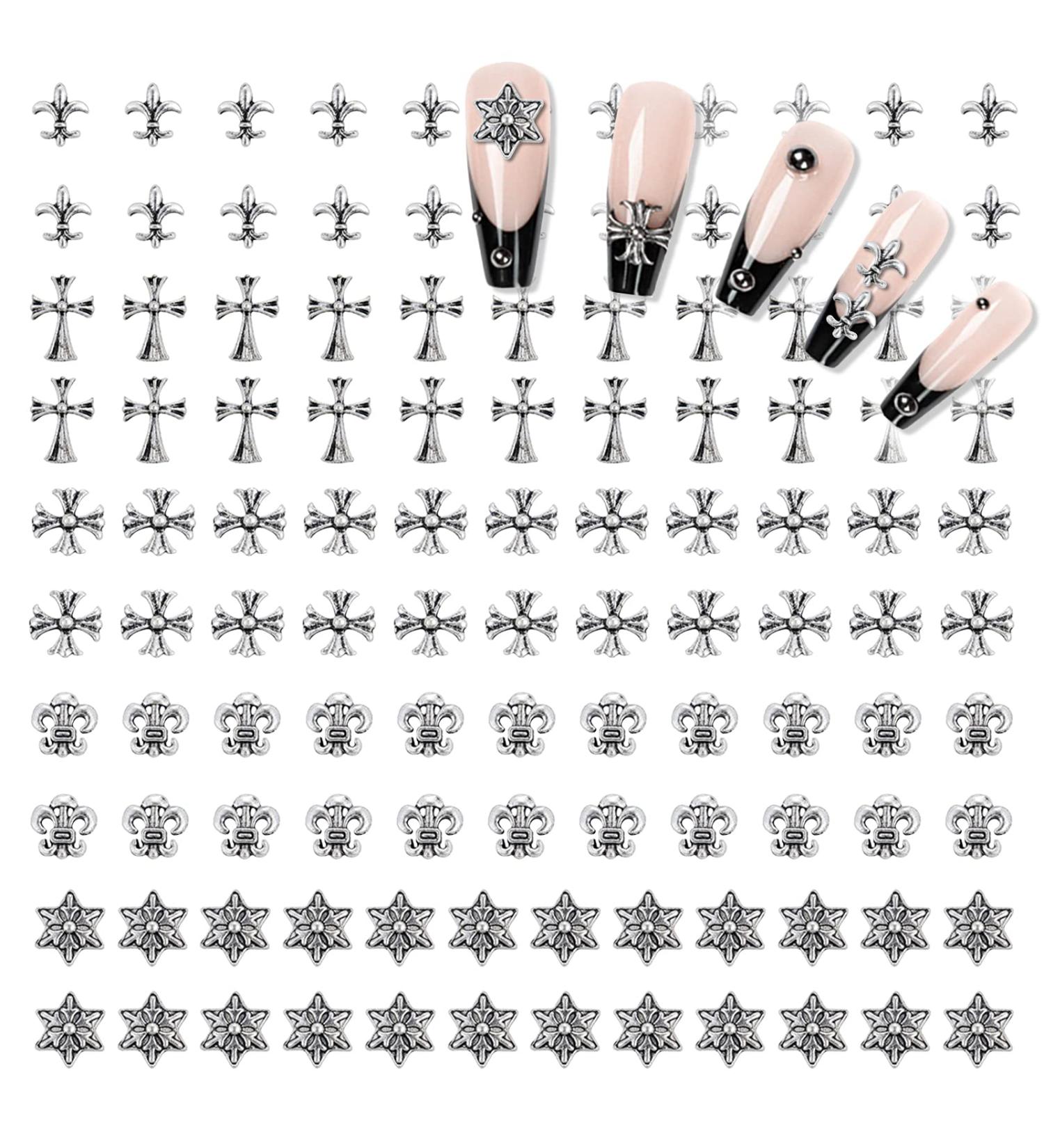 110PCS Nail Art Charms: Silver Metal Chrome Heart Cross & Mixed Skulls, Hearts, Cross Shape - DIY Manicure & Craft - Buy Online on GoSupps.com