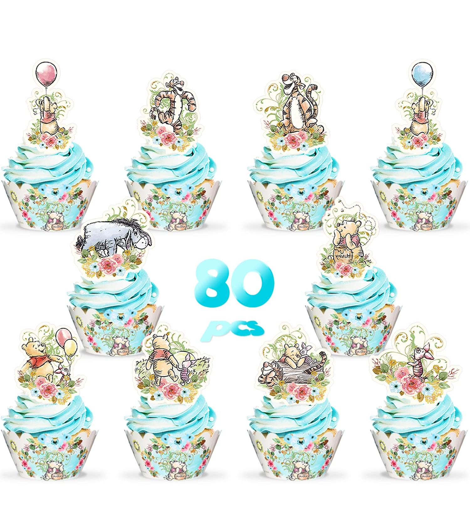 80 Pcs Winnie Cupcake Toppers and Wrappers 10 Designs Classic Baby Shower Decorations Cake Decor Birthday Party Supplies for Kids - Buy Online on GoSupps.com