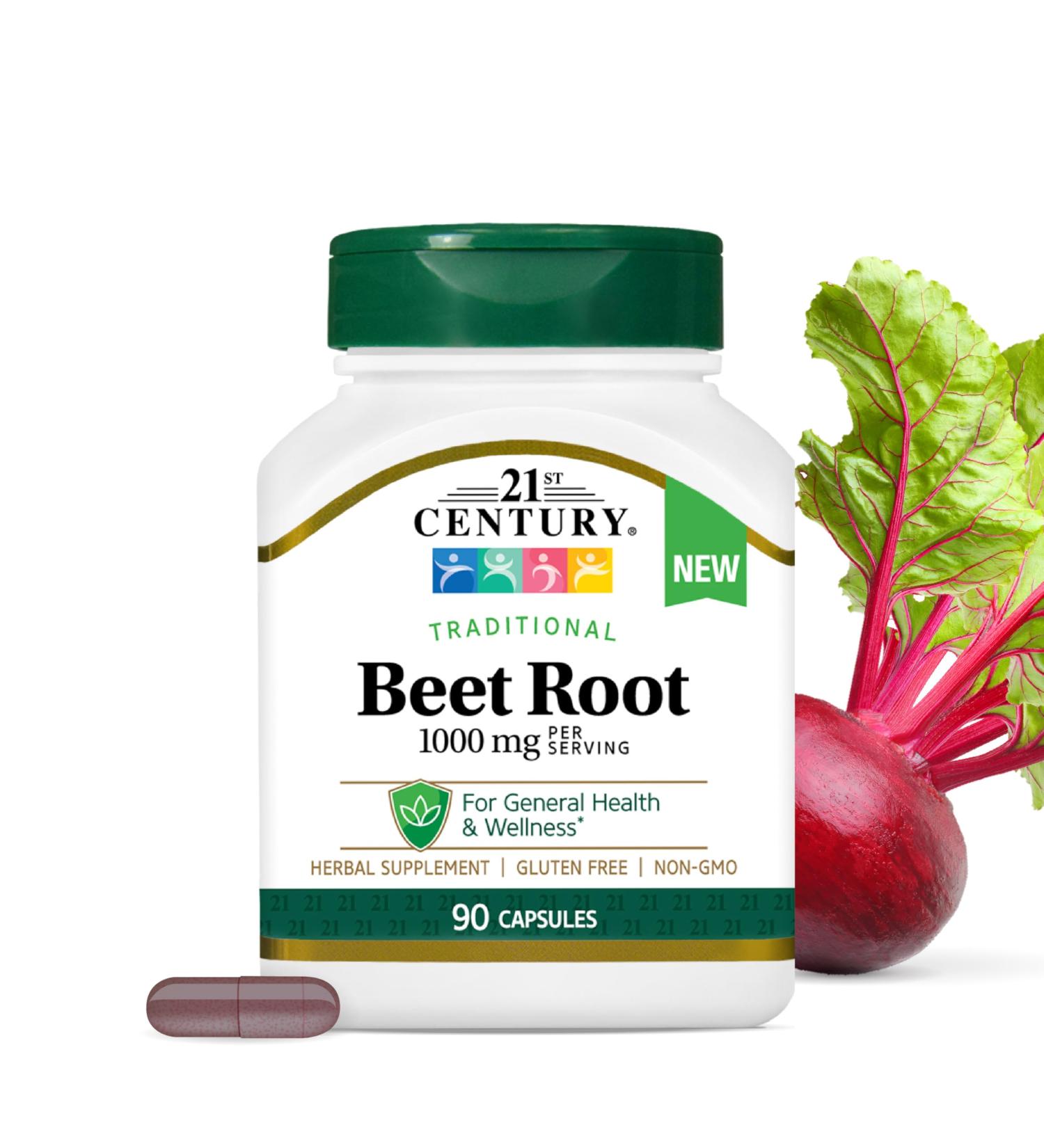 21st Century Traditional Beet Root 1000 mg (90 Count), Gluten-Free Beet Supplement for General Health and Wellness Support, Non-GMO, Vegan, Free from Common Allergens, 45 Servings - Buy Online on GoSupps.com