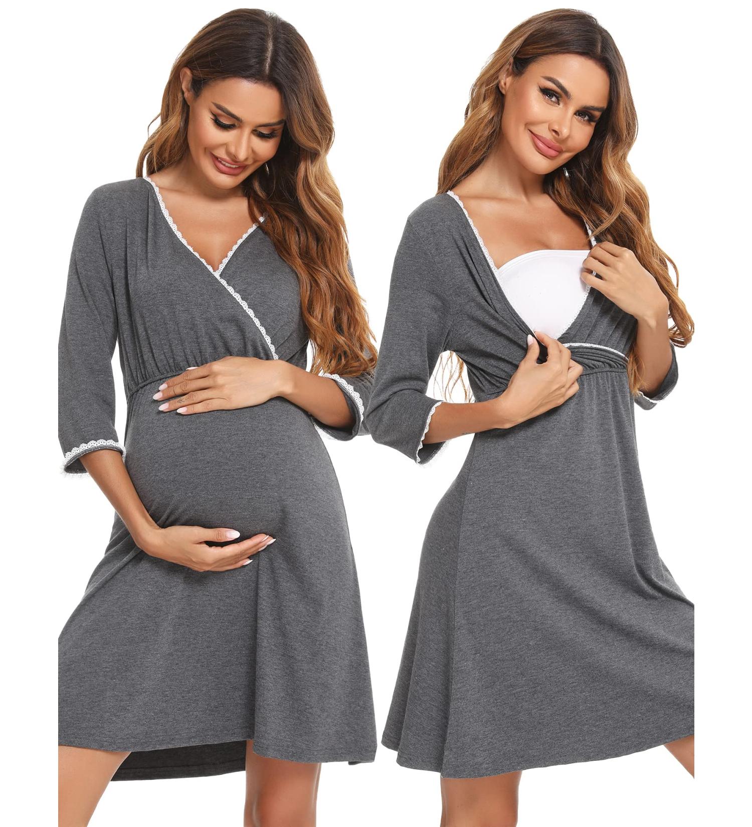 Sykooria Women's Cotton Nursing Nightdress - Dark Grey XL | Maternity Labor & Delivery Gown - Buy Online on GoSupps.com