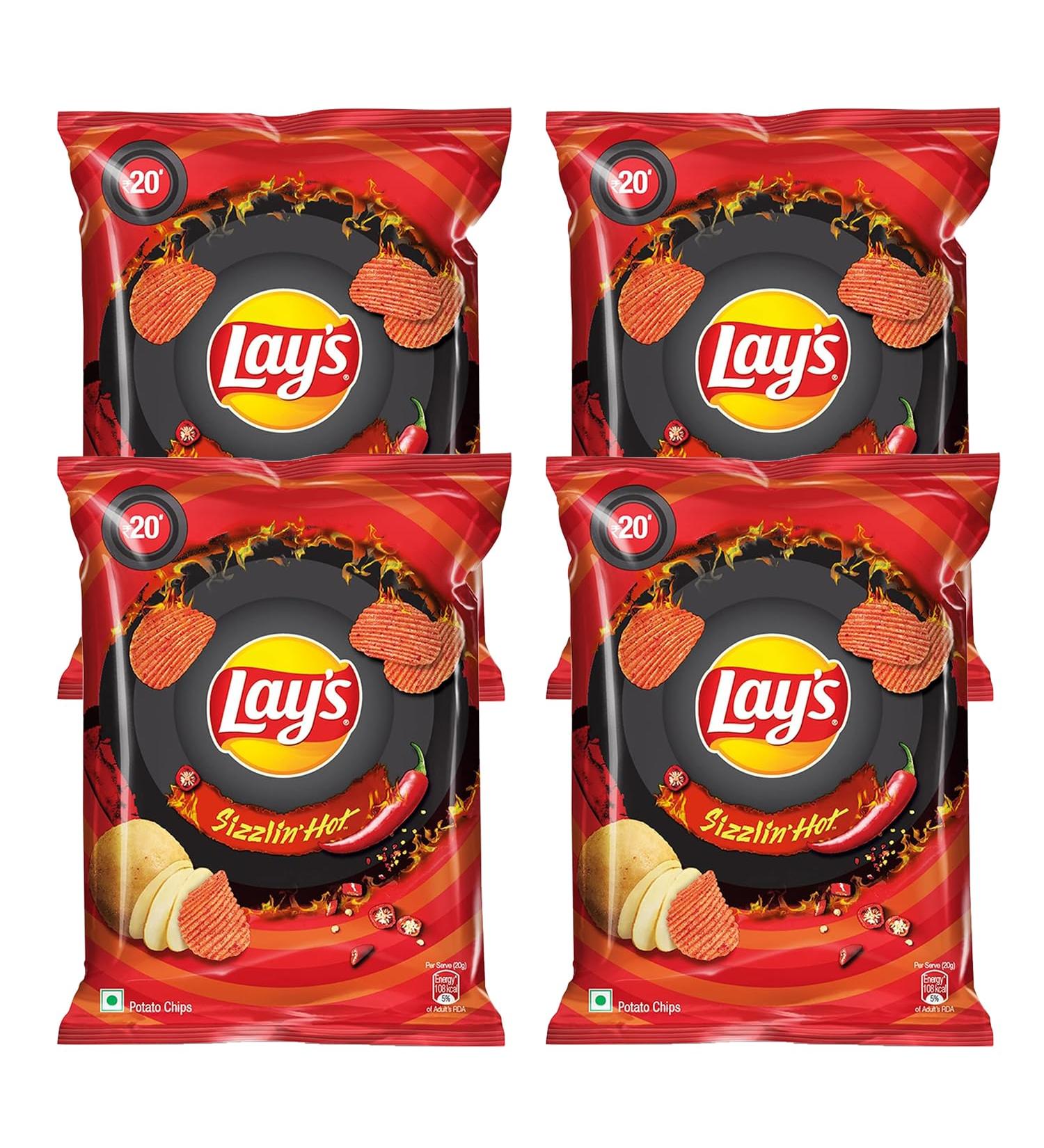 Lays Potato Chips (Sizzling Hot) Flavor (50 Gram) - Slow-Cooked Potato Chips Snacks (Pack of 4) 200 g (Pack of 1) - Buy Online on GoSupps.com