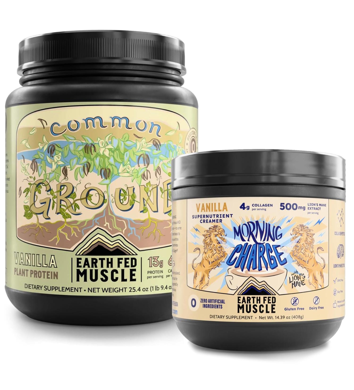 Earth Fed Muscle Plant-Powered Performance Bundle Common Ground Vegan Vanilla Protein + Morning Charge Coffee Creamer with Collagen & Lion s Mane Clean Energy Focus & Recovery 2-Pack