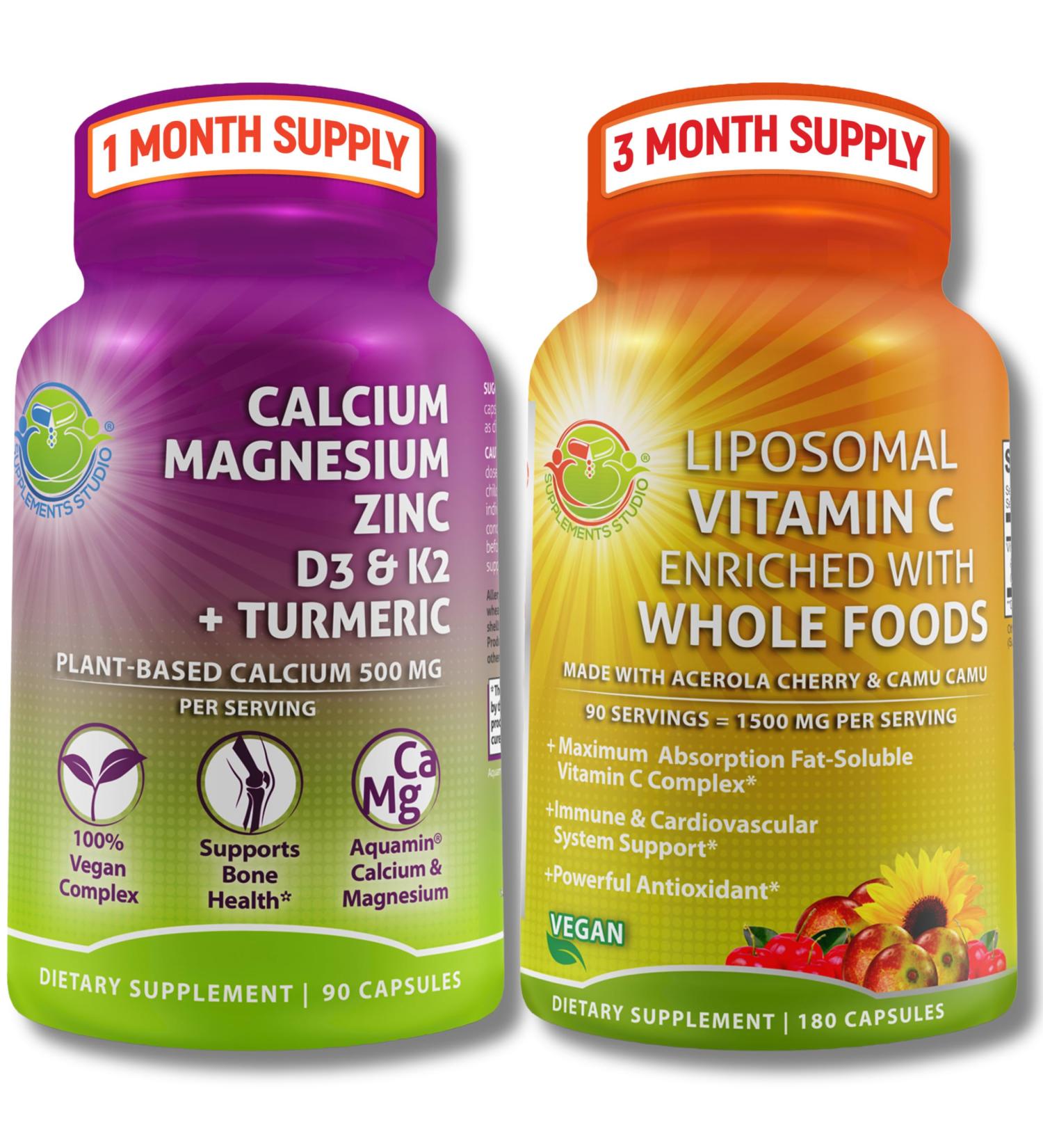 Plant-Based Bone & Immune Support Supplement Bundle Liposomal Vitamin C 1500mg with Organic Acerola & Camu Camu + Calcium Magnesium Zinc with Vitamin D3 K2 & Turmeric Vegan Non-GMO - Buy Online on GoSupps.com