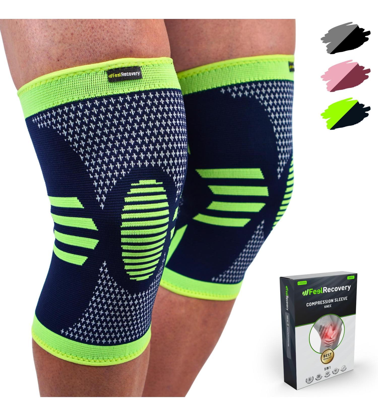 FEEL RECOVERY Knee Bandage - Compression Supports for Men & Women | Breathable Non-Slip Knee Brace for Pain Relief Arthrosis & Meniscus - 2 Pieces (Size S Green) - Buy Online on GoSupps.com