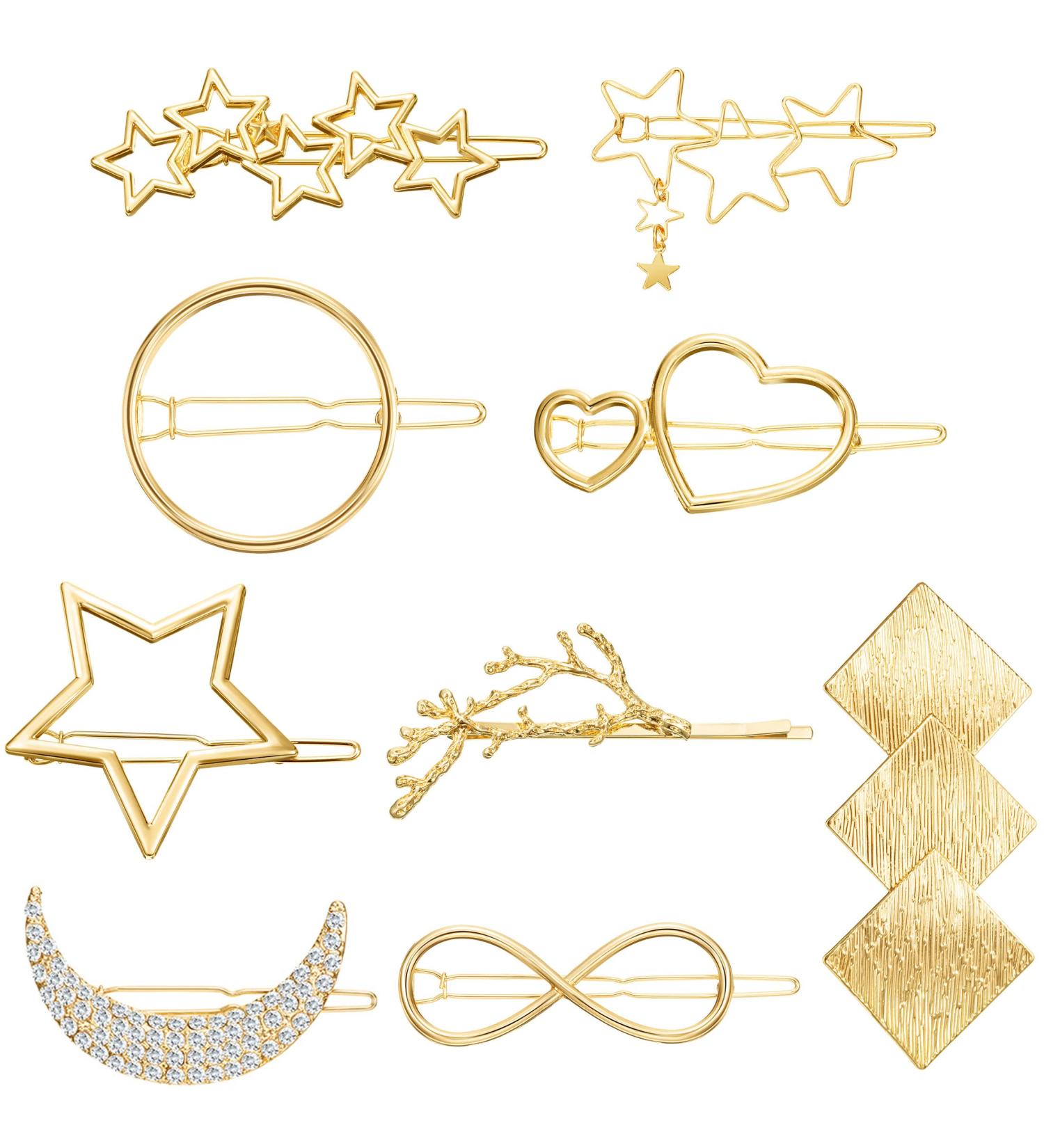 12-Piece Minimalist Gold Hair Barrettes with Rhinestone Pearl Moon Star - Women's Hair Accessories - Buy Online on GoSupps.com