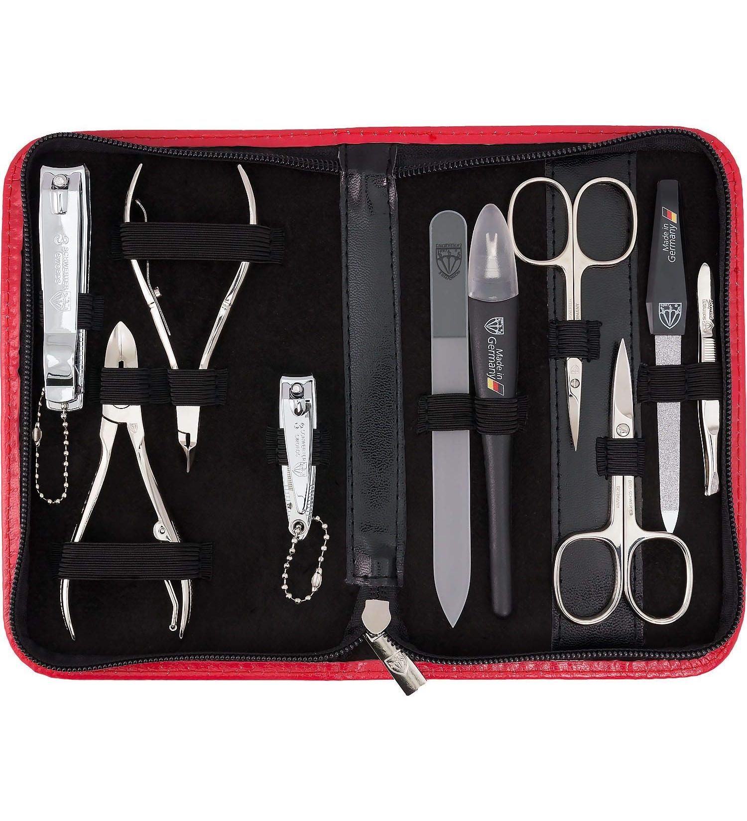 Three Swords Germany 10 pcs Travel Nail Care Set 'Spezia' - Red Synthetic Leather Case with Scissors Pliers Tweezers & Glass Nail Files | International Shipping Available - Buy Online on GoSupps.com