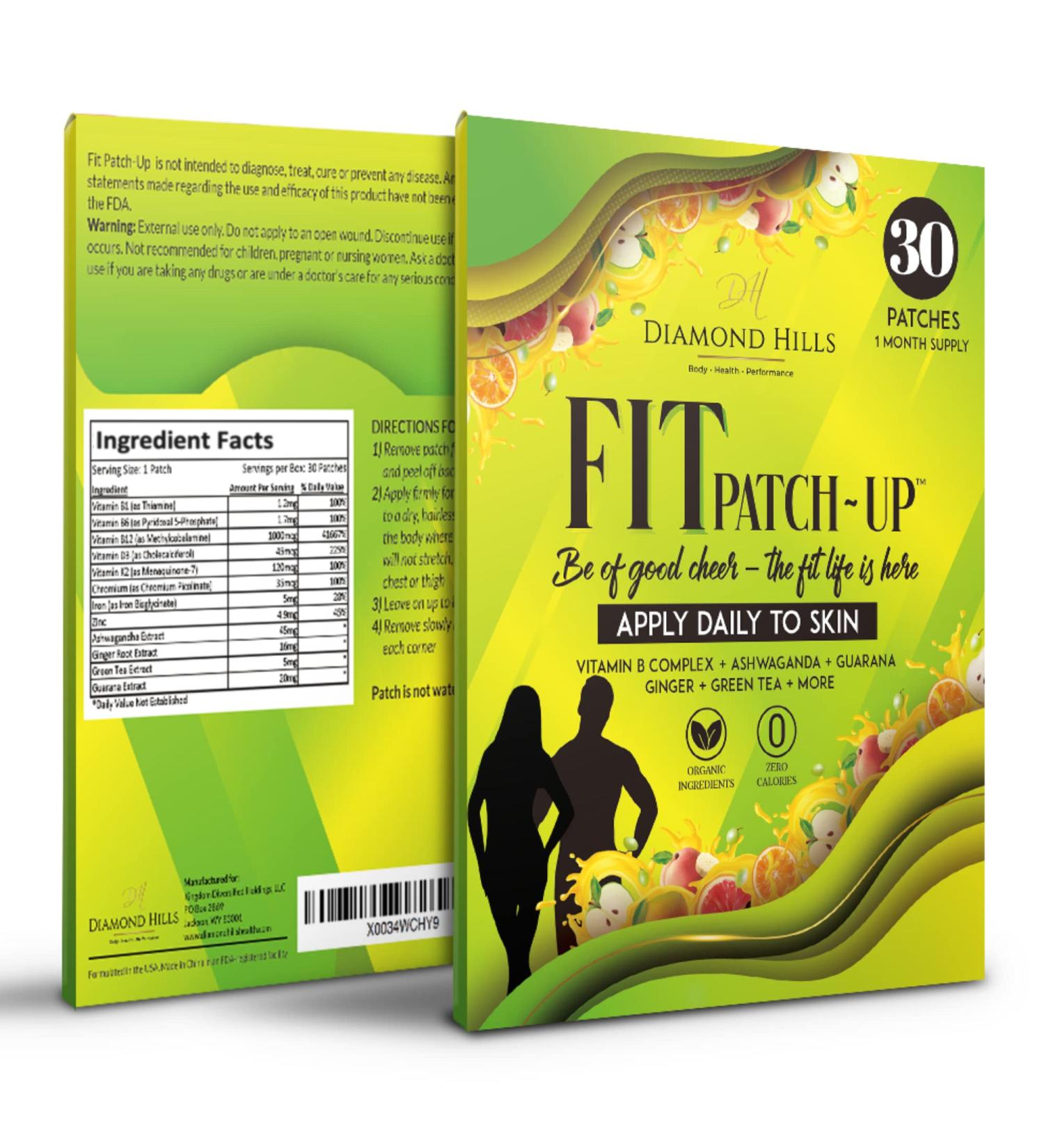 Diamond Hills Fit Patch-Up: 30ct Daily Patches with Vitamin B12, Ashwagandha, Green Tea, Guarana for Fitness Energy Endurance - Organic, No Calories, Sugar-Free - Buy Online on GoSupps.com