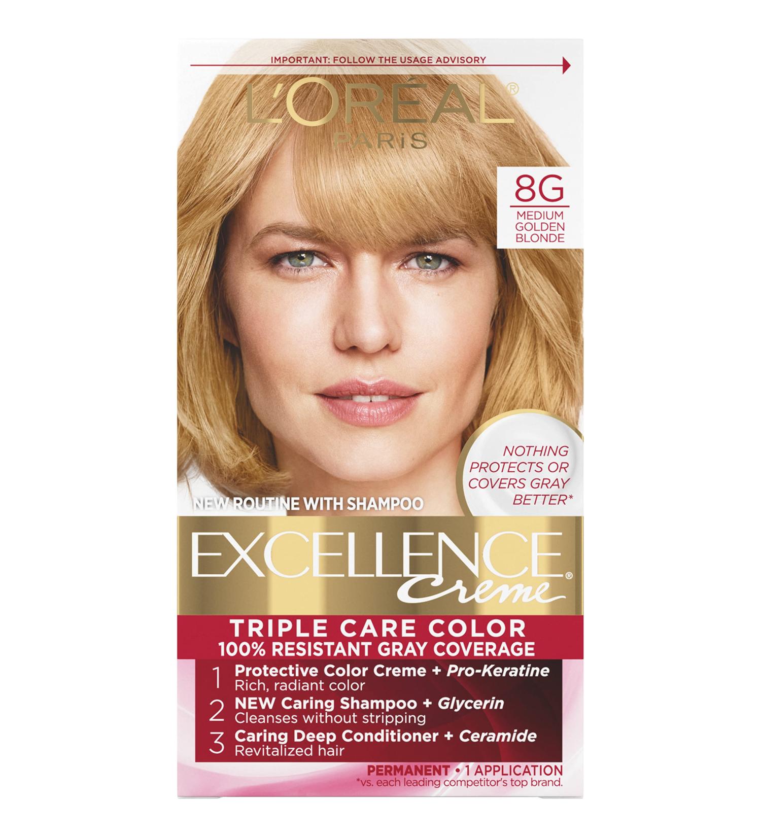 L'Oreal Paris Excellence Creme 8G Medium Golden Blonde Hair Color - Gray Coverage, Triple Care Formula - 1 Count - Buy Online on GoSupps.com