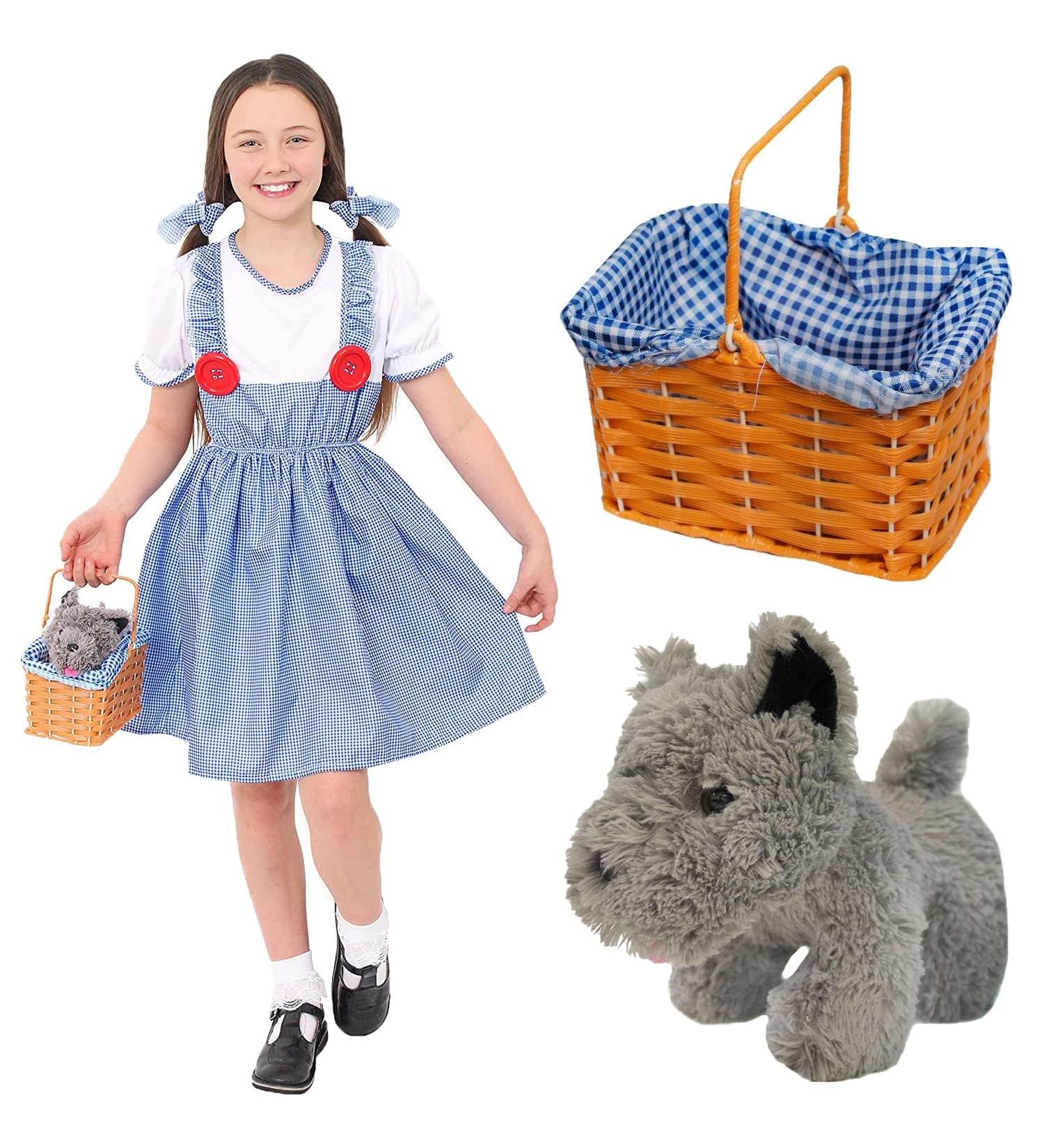 Dorothy Costume with Dog In Basket For Girls - Gingham Dress + Matching Hair Ties + Small Grey Dog In Basket - Kansas Girl World Book Day Fancy Dress Costume