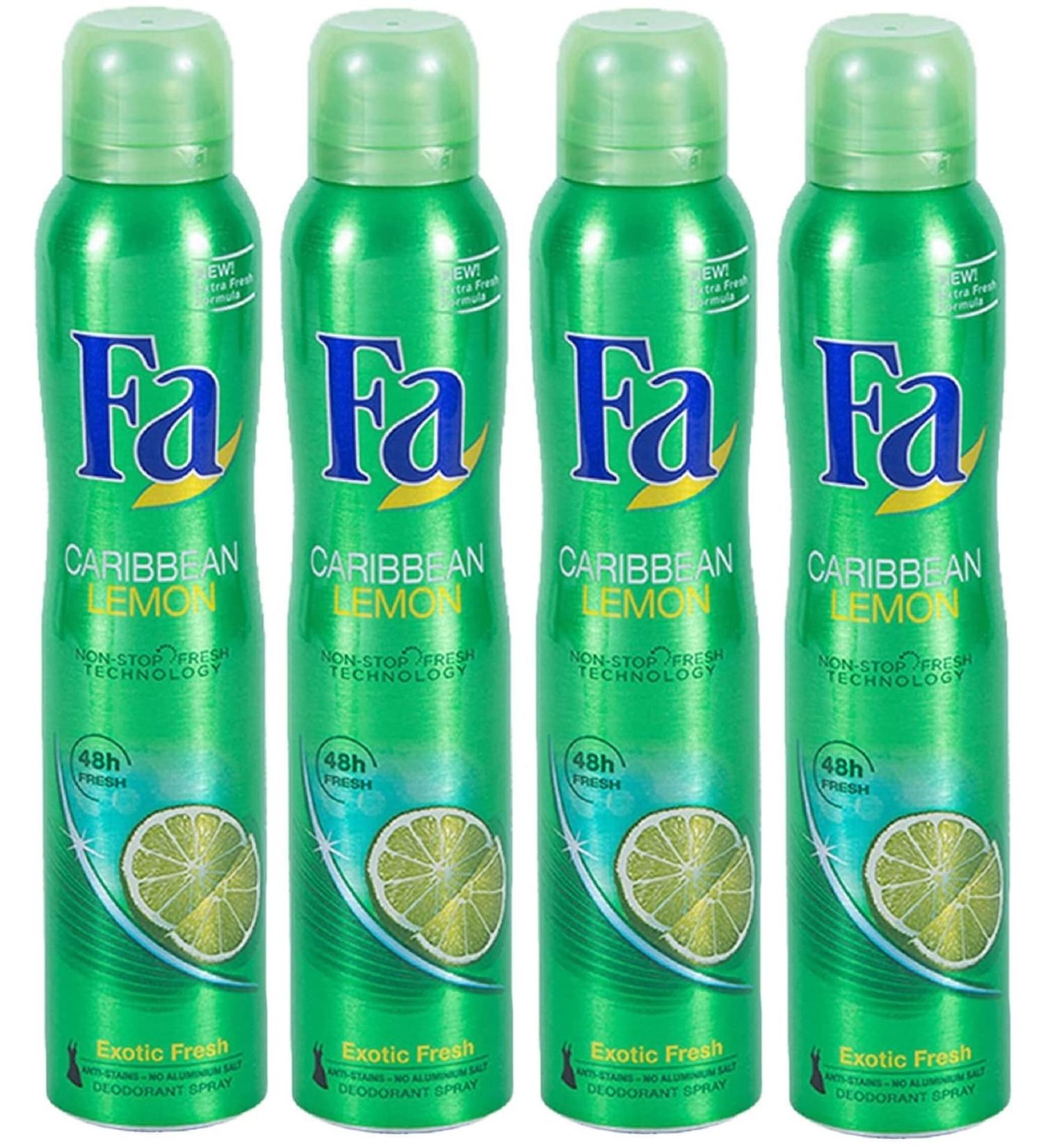 Economy size 200ml/6.7 ounces Fa 48h Deodorant Spray for Men & Women (4 Packs) (Caribbean Lemon)