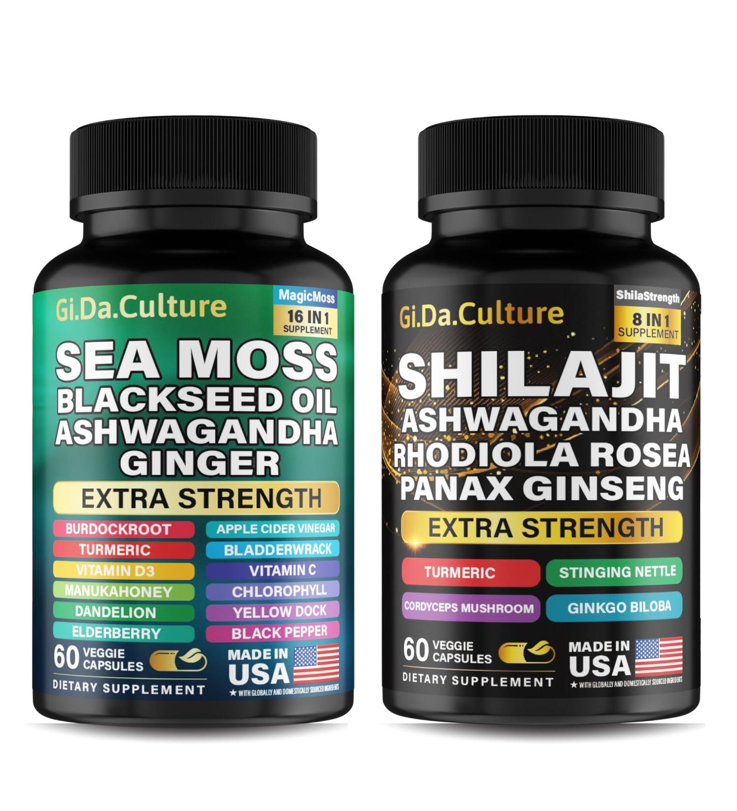 Shilajit and Sea Moss Combo - Sea Moss and Shilajit Bundle with Ashwagandha Black Seed Turmeric Bladderwrack Burdock Black Pepper with Vitamins and Antioxidants - 120 Veggie Capsules 60 Count (Pack of 2) - Buy Online on GoSupps.com