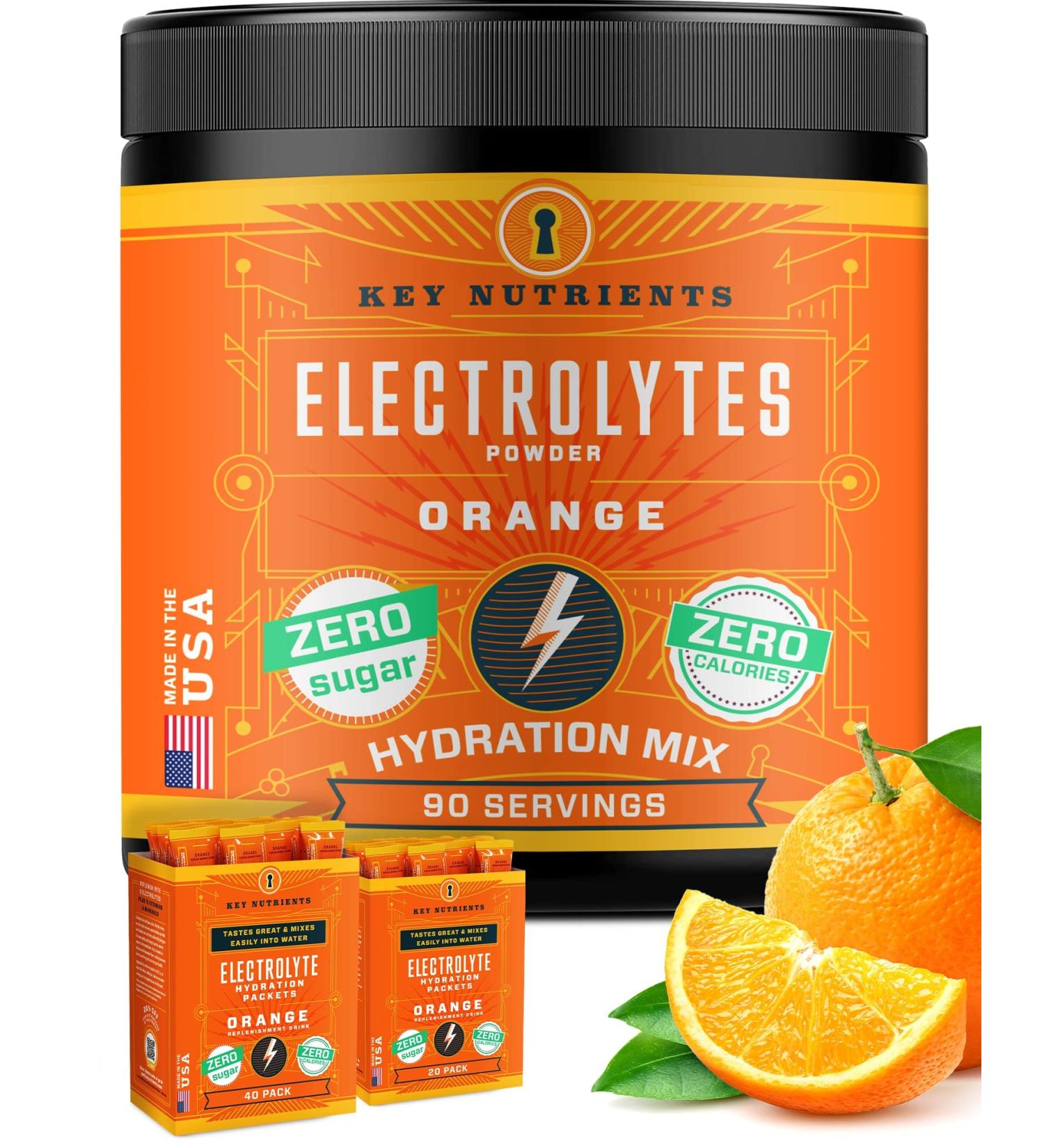 KEY NUTRIENTS Electrolytes Powder - Tangy Orange Hydration Drink Mix | No Sugar, No Calories, Gluten Free | Available in Powder and Packets - 20, 40, or 90 Servings - Buy Online on GoSupps.com