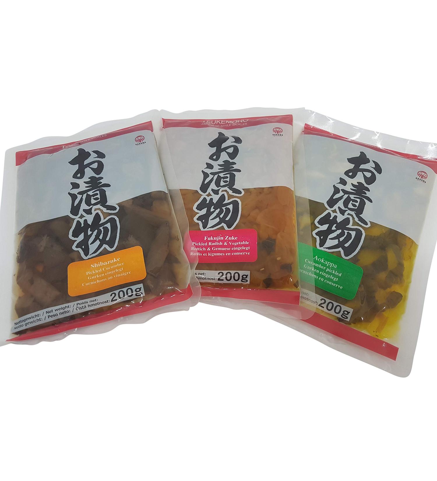 Tsukemono set of 3: Aokappa cucumbers Fukujinzuke Shibazuke Tsukemono pickled Japanese vegetables 3 x 200g