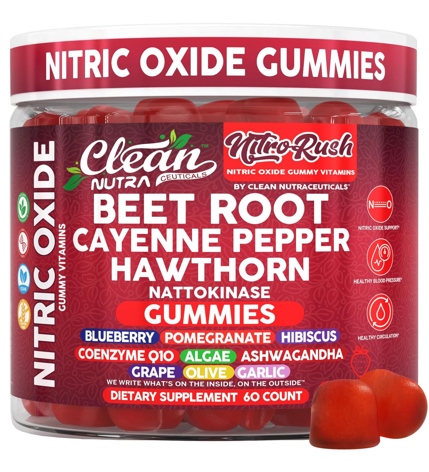 Nitro Rush Nitric Oxide Gummies Beet Root Cayenne Pepper Pomegranate Vitamin C Hawthorn Nattokinase Blueberry Hibiscus Coenzyme Q10 Algae Ashwagandha Root Grape Olive Garlic 60 Count by Clean Nutra - Buy Online on GoSupps.com