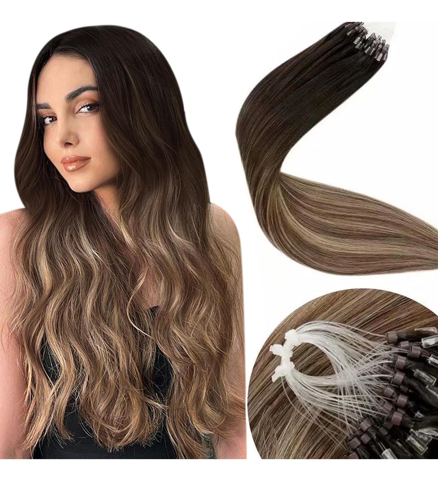 Laavoo Ombre Microring Real Hair Extensions - Darkest Brown to Medium Brown with Ash Blonde Micro Loop - 55cm 1g/s - Premium Silicone Hair Extensions - Buy Online on GoSupps.com