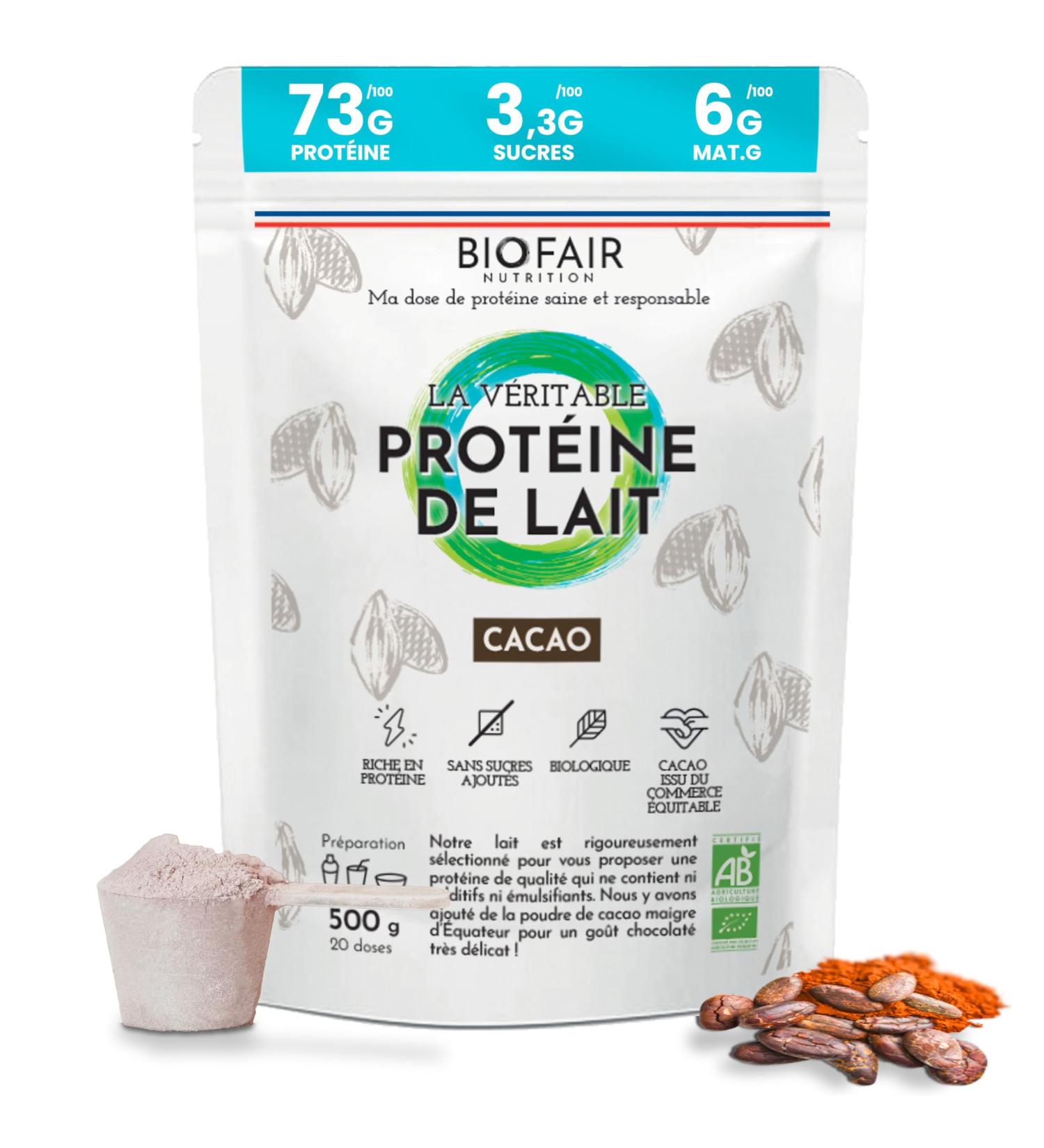 BIOFAIR NUTRITION Whey Protein Cocoa Organic - Healthy 100% Natural and From Our French Pastures - Chocolate Flavour - 500 g - Buy Online on GoSupps.com
