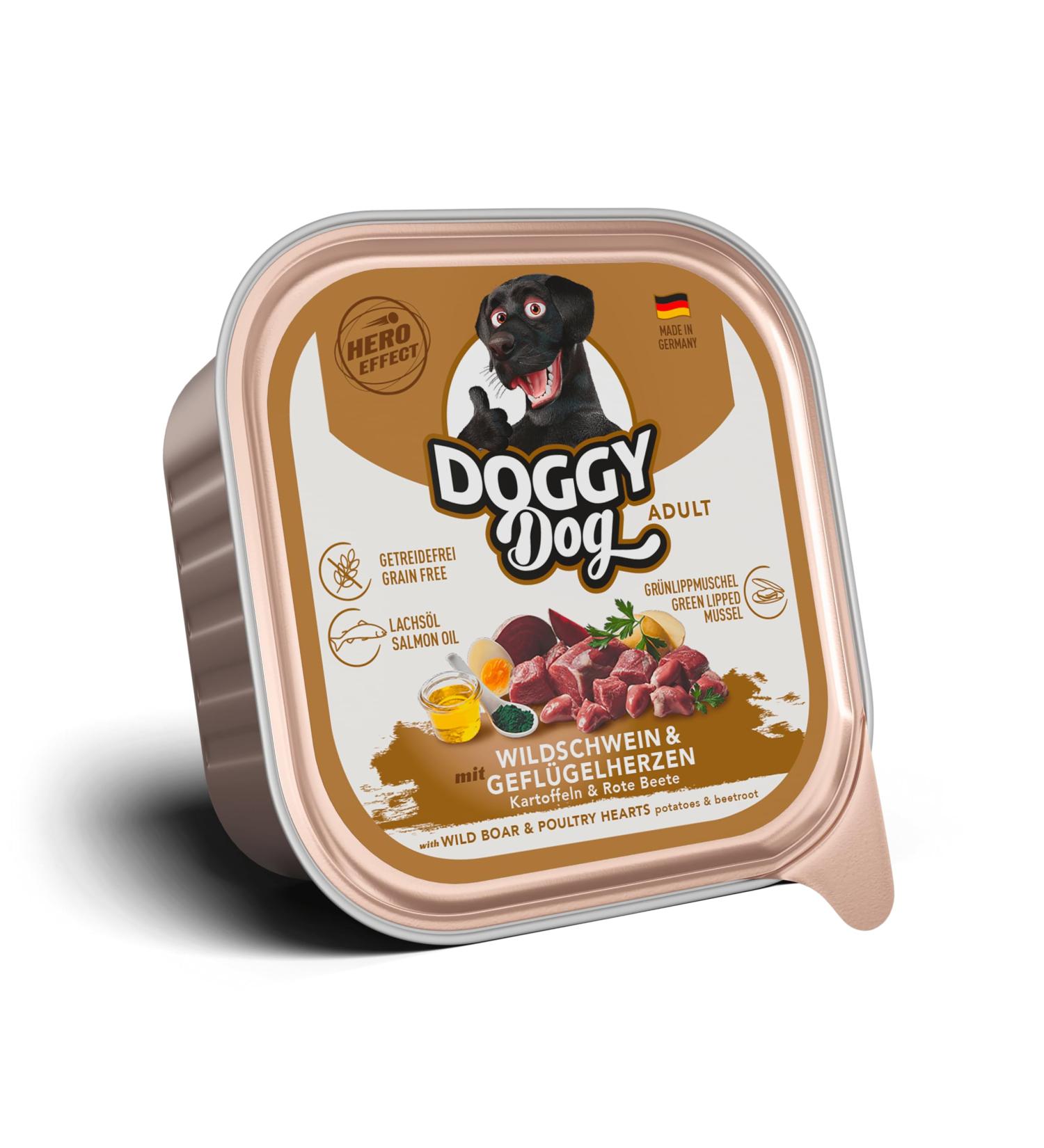 DOGGY Dog Pat Wild Boar and Poultry Heart 10 x 150 g Wet Dog Food Grain-Free with Salmon Oil Complete Food with Potatoes and Beets Made in Germany - Buy Online on GoSupps.com