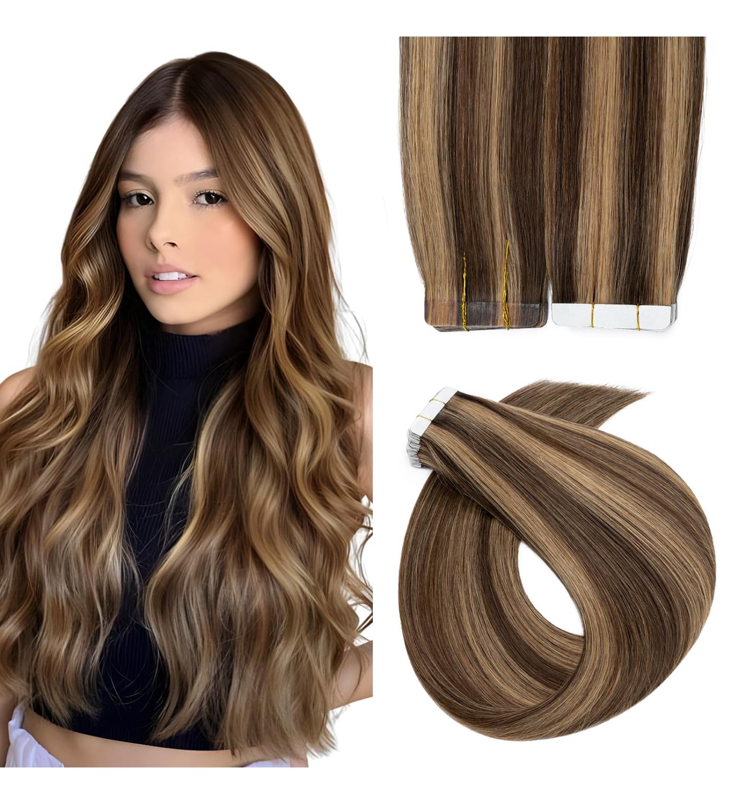 Elailite 30cm Tape Extensions - Real Remy Hair 20 Pieces #4/27 Medium Brown & Dark Blonde Smooth Adhesive - International Shipping Available - Buy Online on GoSupps.com