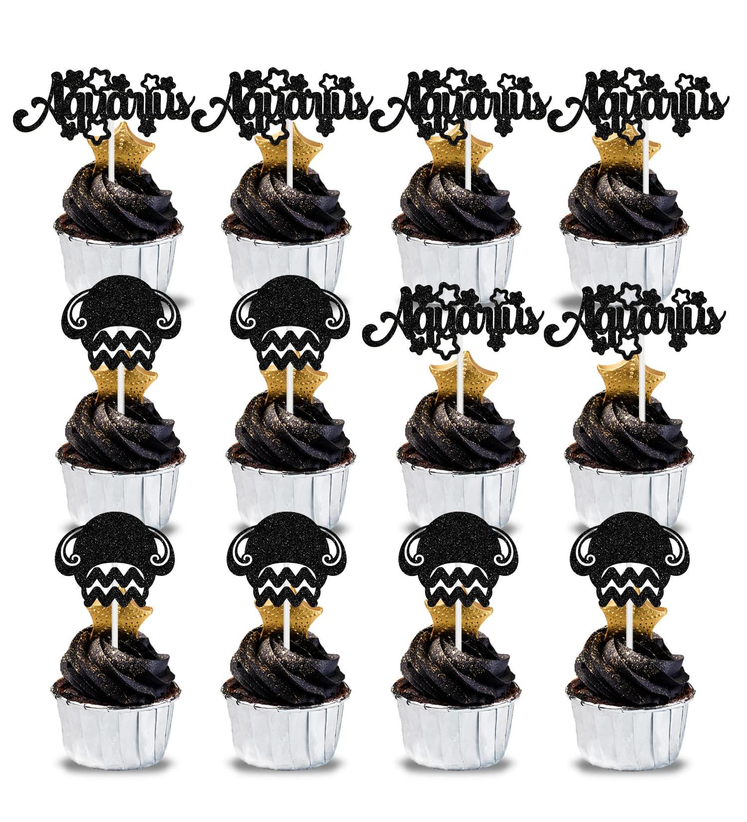 12Pcs Aquarius Cupcake Topper Big Aquarius Energy/Capricorn Season 12 Constellation January/Febuary Birthday Cupcake Decoration Horoscope Astrology Birthday Party Supplies Black Glitter - Buy Online on GoSupps.com