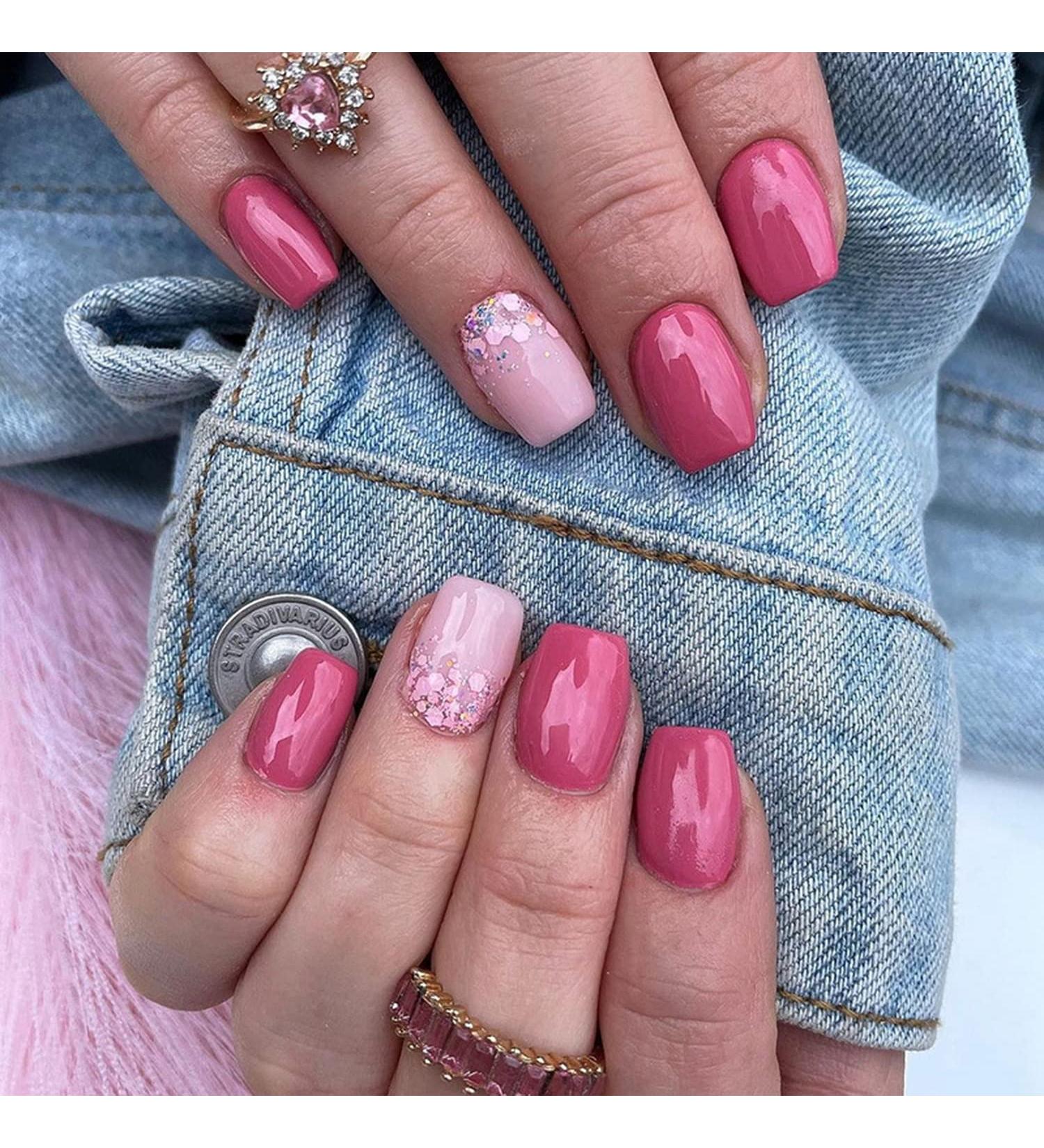 24Pcs Pink Glitter Square Press-On Nails | Glossy Full Cover Acrylic False Nails | Short Stick-On Nails for Women and Girls - Buy Online on GoSupps.com