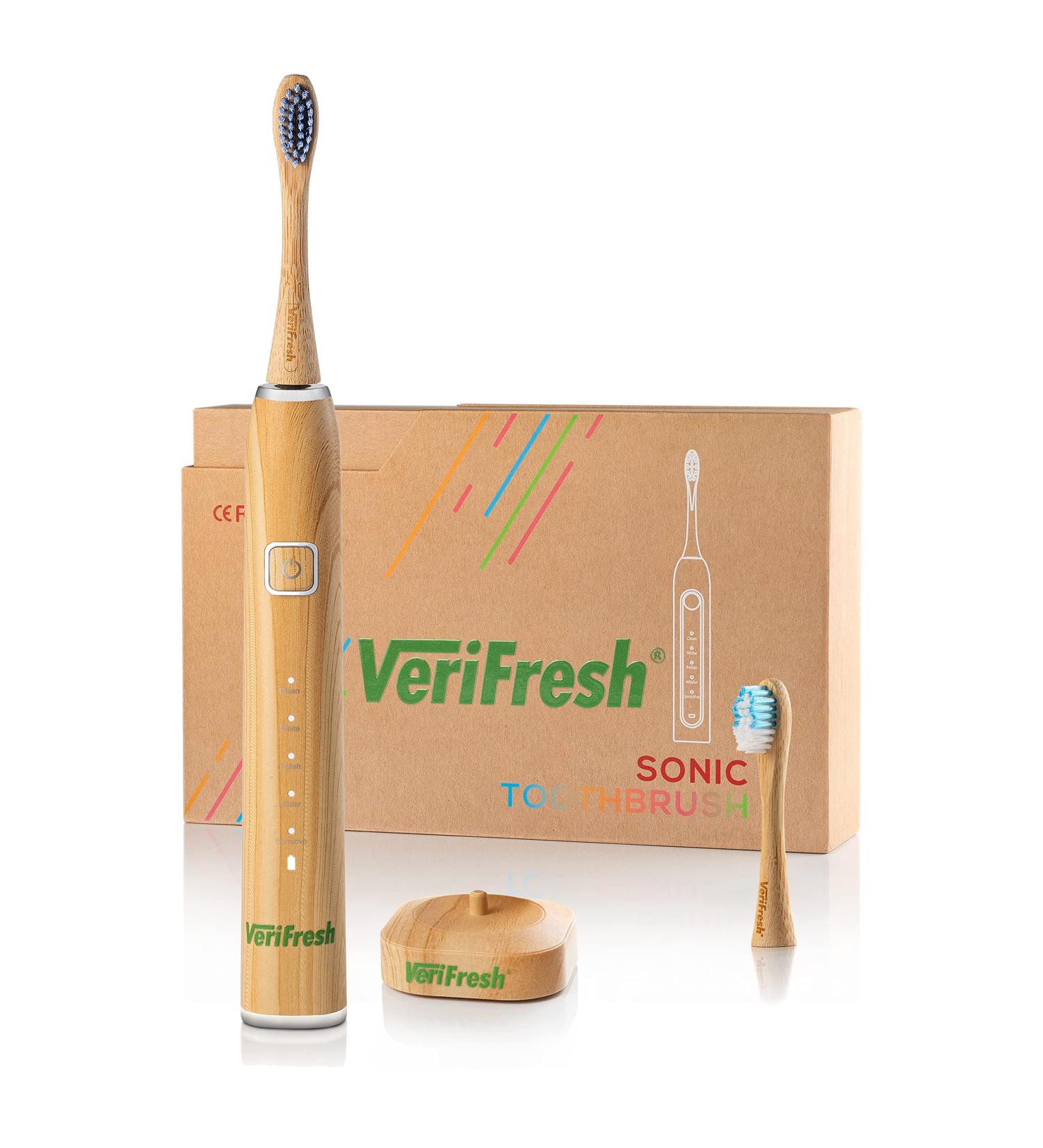 VeriFresh Sonic Bamboo Toothbrush with Castor Oil Bristles - 2 Biodegradable Bamboo Heads | Replacement Heads Available - Buy Online on GoSupps.com