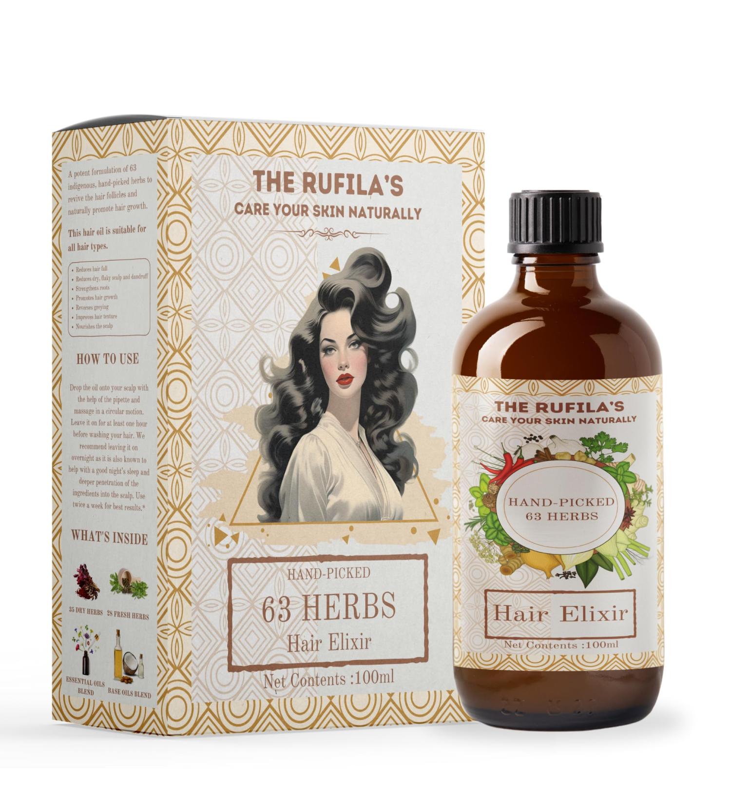 The Rufila's Hand-Picked 63-Herb Hair Elixir Reduces Hair Fall Reduces dry Flaky Scalp & Dandruff Promotes Hair Growth & Nourishes The Scalp - 100ml - Buy Online on GoSupps.com