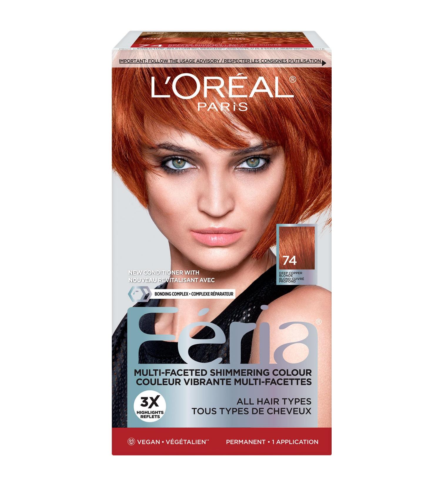 L Or al Paris Feria Multi-Faceted Shimmering Permanent Hair Dye 74 Deep Copper Blonde Permanent Hair Color for Long Lasting Hair Dye with Bonding Complex Conditioner Pack of 1 (Packaging May Vary) Ginger Deep copper blonde - Buy Online on GoSupps.com