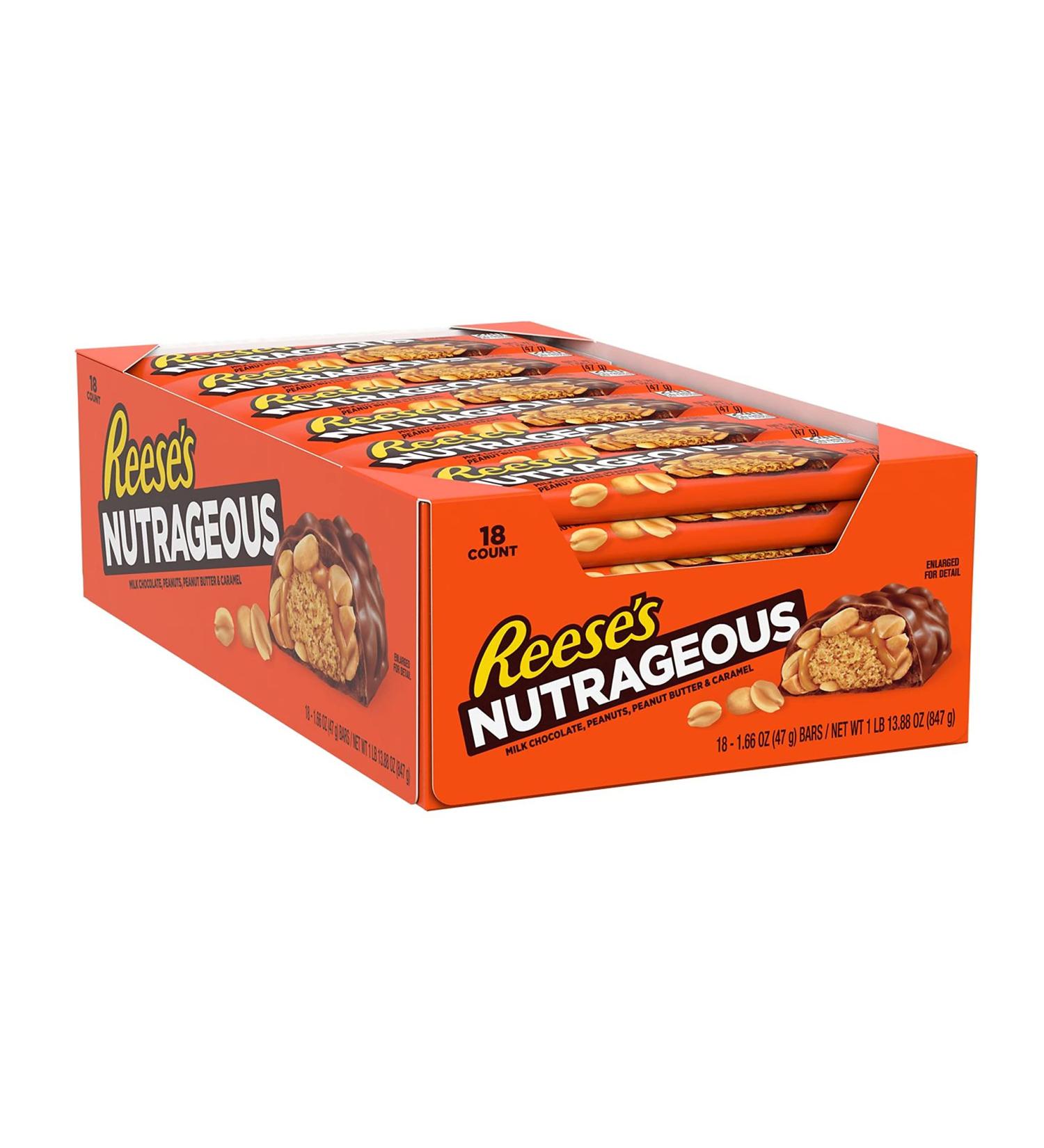 REESE'S NUTRAGEOUS Milk Chocolate, Peanuts, Peanut Butter and Caramel Candy, Bulk, 1.66 oz Bars (18 Ct.) butter 1.66 Ounce (Pack of 18)