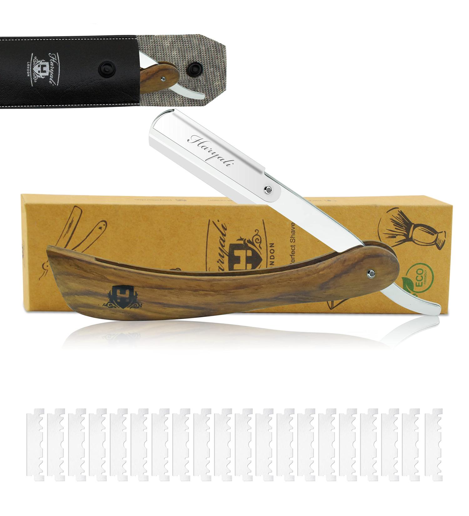 Haryali London Razor Set with Wooden Handle - 10 Blades & Case | Professional Wet Shaving Beard Knife for Men | Tight & Clean Shave - Buy Online on GoSupps.com