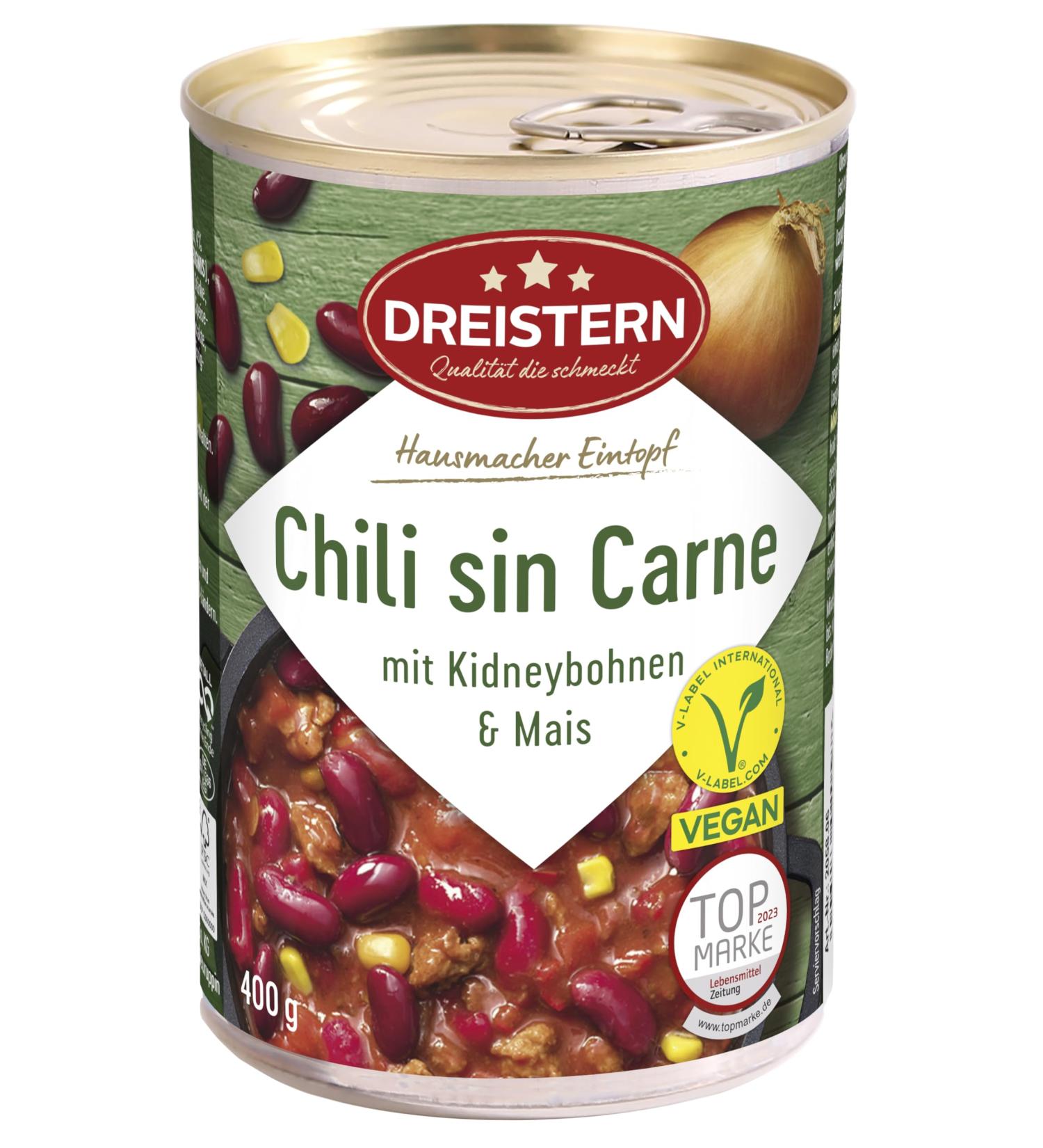Three Star Chili Sin Carne 400g | Vegan Stew in Recyclable Can | Hearty Vegetarian Chili with Soy Beans & Corn - Buy Online on GoSupps.com
