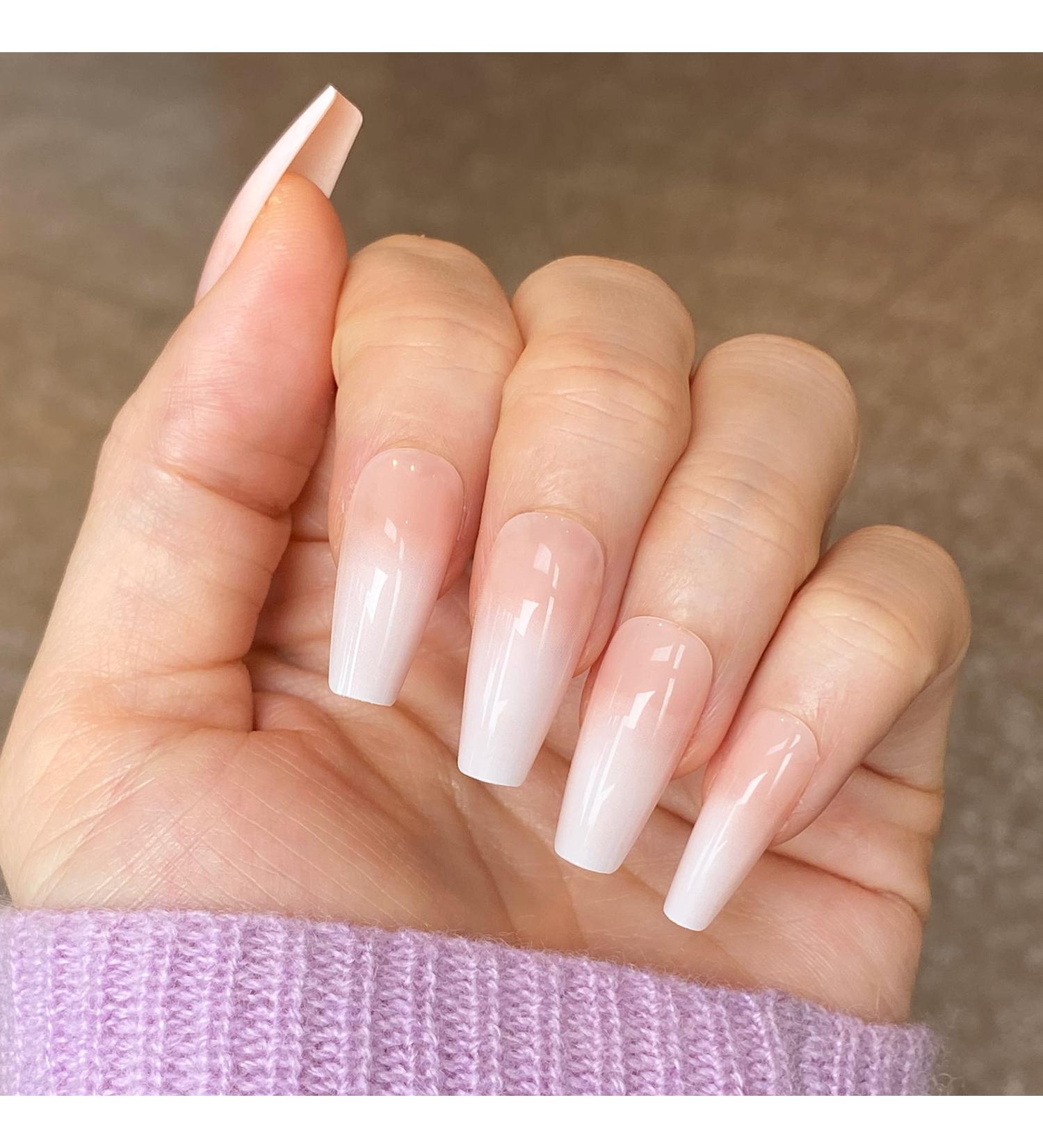 NOVO OVO Long Coffin Ombre Nude Gradient White Pink French Tip Press On Nails Set - Mother's Day, Valentine's, Spring - with Glue - MILK CAP COFFIN - Buy Online on GoSupps.com