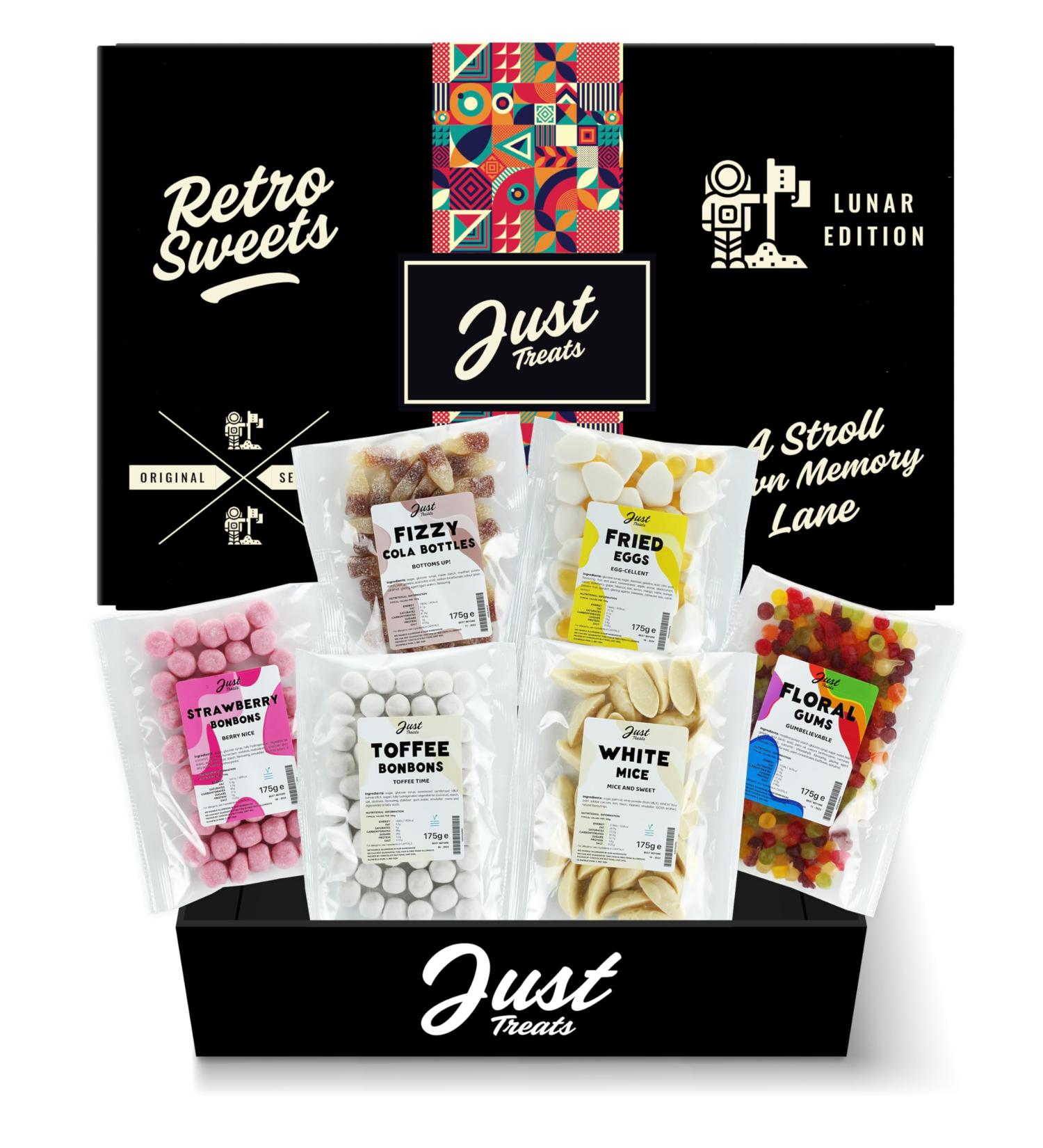 Just Treats Lunar Sweet Six Gummy Hamper - Strawberry Bonbons Fizzy Cola Bottles Fried Eggs Squirrel Floral Gums Toffee Bonbons and White Mice (3 9 12 26 28 31) Gummy Treat Treasure