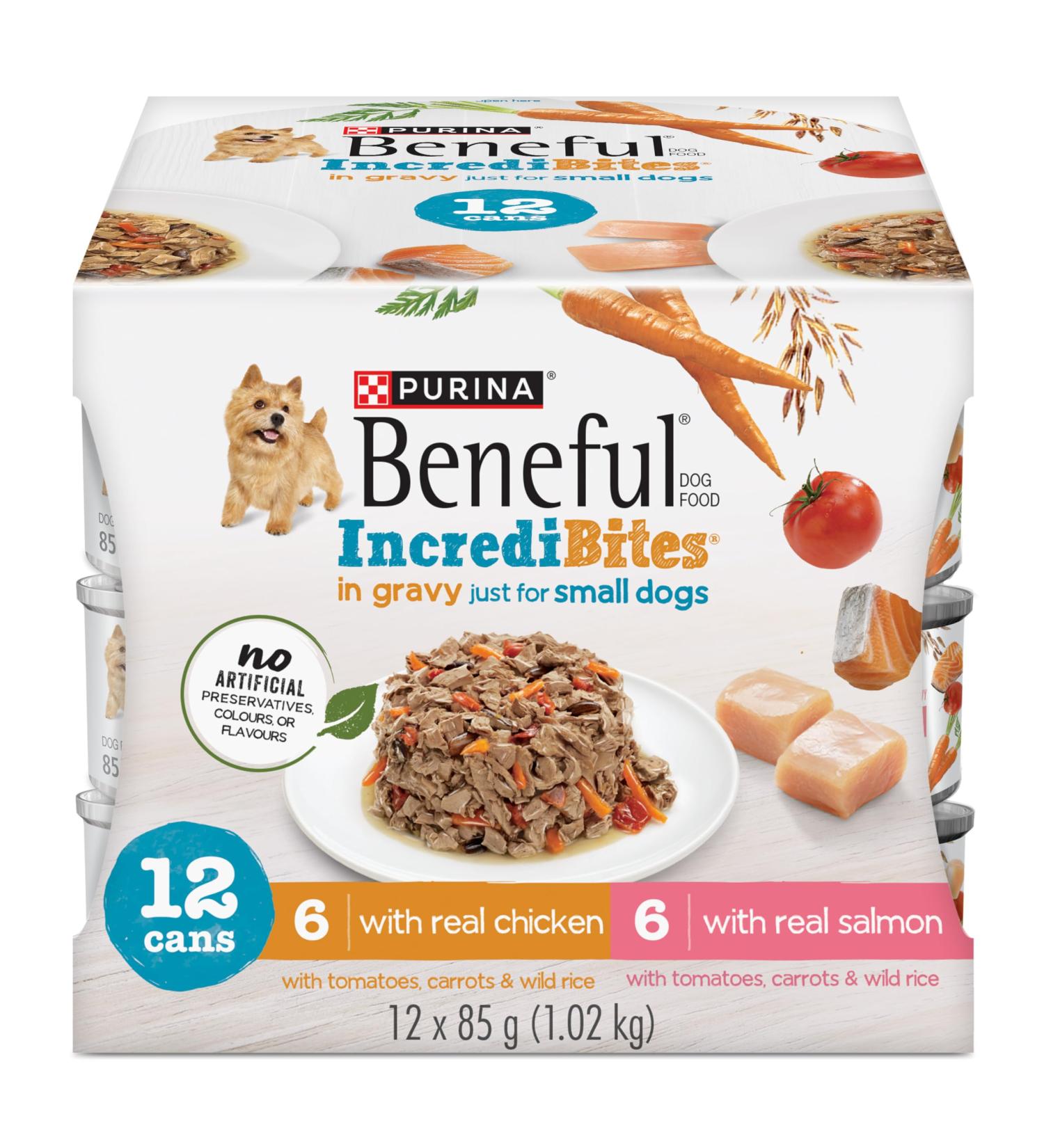 Beneful Incredibites Wet Dog Food for Small Dogs Real Chicken & Salmon in Gravy Variety Pack - 85 g Can (12 Pack) - Buy Online on GoSupps.com