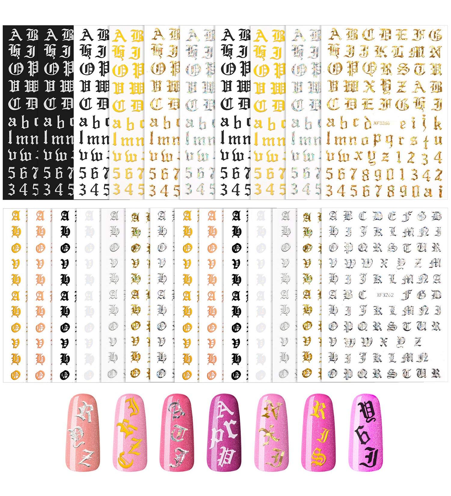 24 Sheets Old English Holographic Letter Nail Stickers - Classic Colors | Alphabet Nail Decals for DIY Nail Decoration by Women & Girls - Buy Online on GoSupps.com