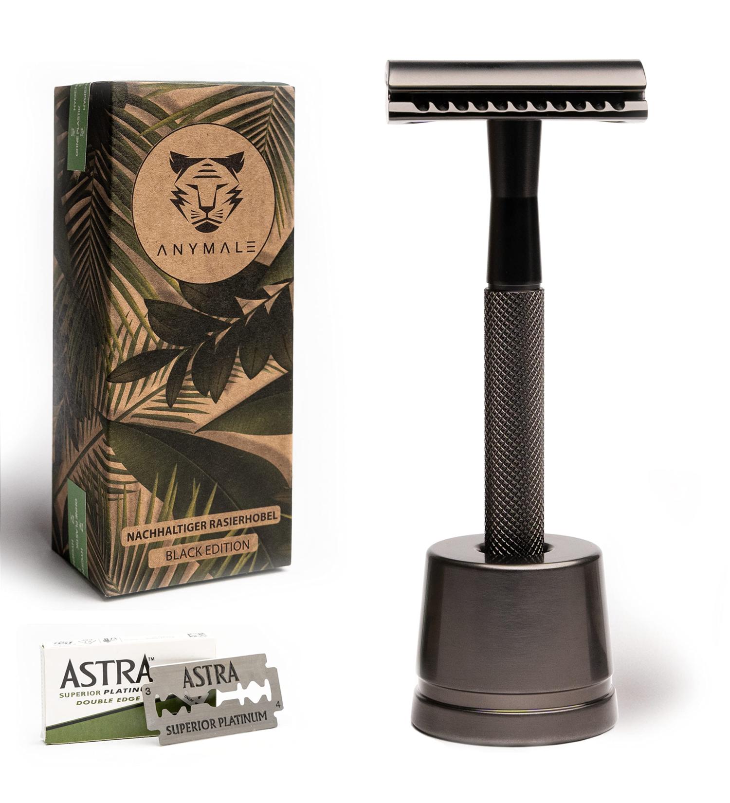 ANYMALE Black Edition Safety Razor Set - Eco-Friendly Zero Waste Razor for Men & Women | Includes Stand & 5 ASTRA Blades - Buy Online on GoSupps.com