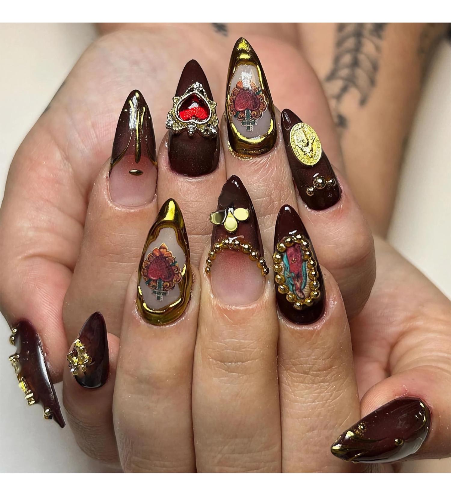 Buy BABALAL Almond Press on Nails - Medium Brown Fall Acrylic Nails with Golden Chrome Baroque Art & 3D Heart Charm | Stiletto Glue-on Nails for Stunning Manicure - Buy Online on GoSupps.com