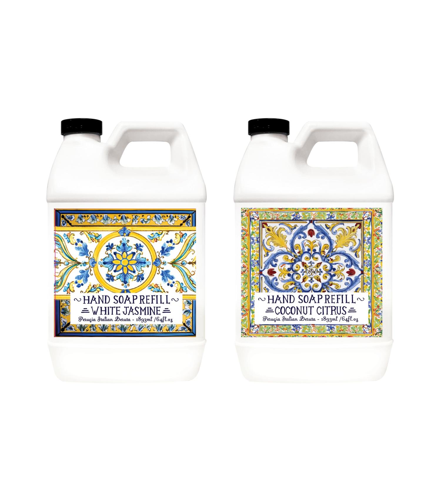 Home & Body Company Perugia Italian Deruta Hand Soap Refill Set White Jasmine and Coconut Citrus Scents 64 Fl Oz Bottles 2-Pack