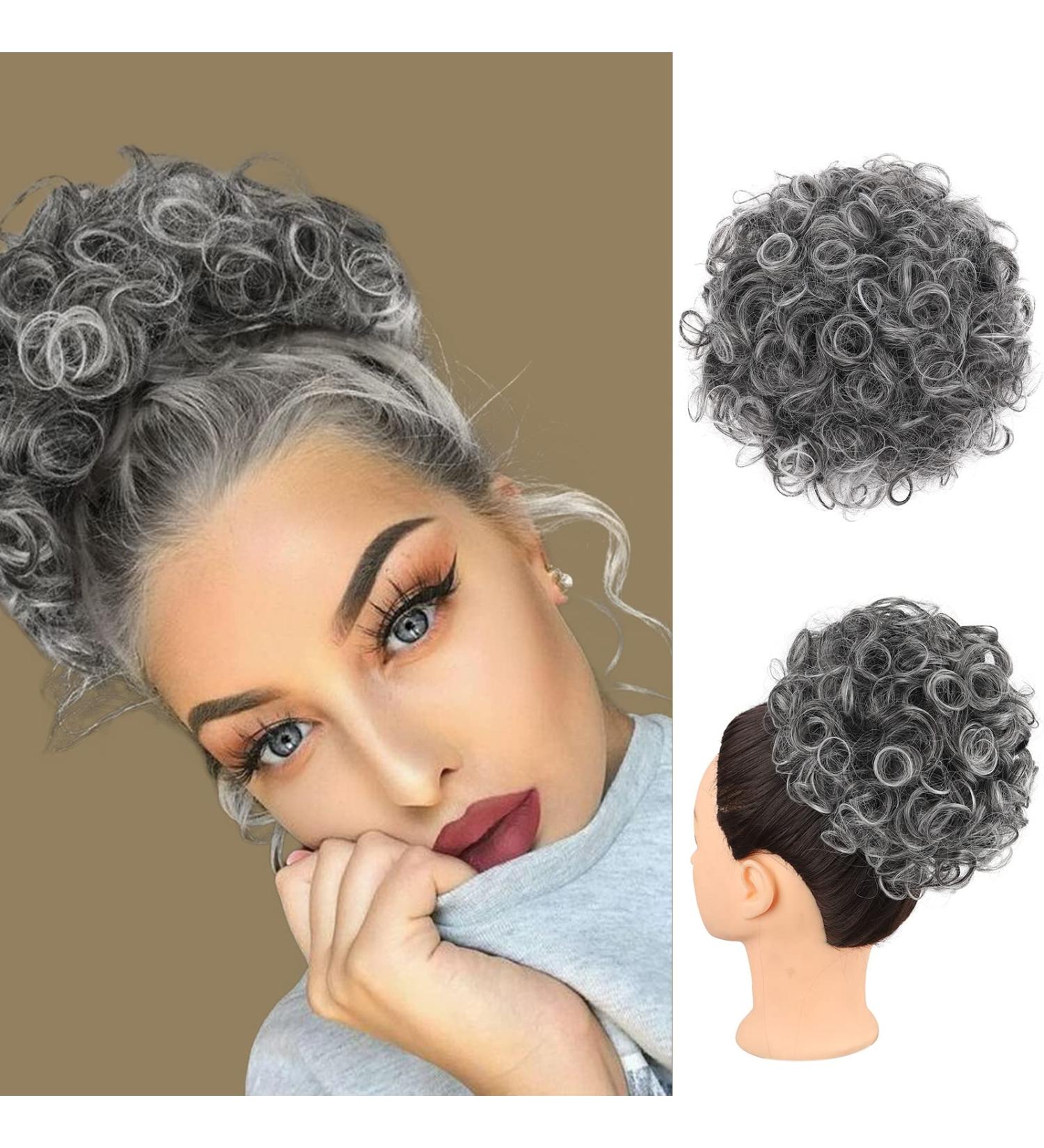Matthia Large Curly Messy Bun | Drawstring Ponytail for Black Women | Synthetic Salt and Pepper Hair Bun Extension | Curly Updo Hair Piece | Daily Use | T1B/Gray - Buy Online on GoSupps.com