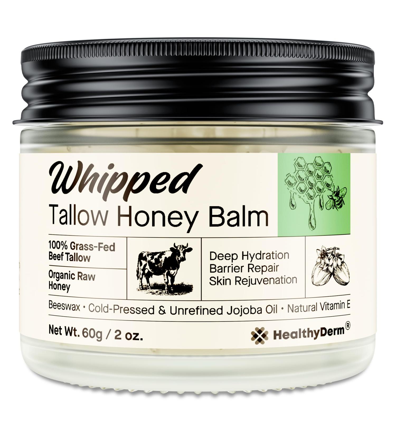 Beef Tallow Honey Balm for Skin: 100% Grass Fed Whipped Organic Moisturizer with Organic Raw Honey Jojoba Oil Vitamin E Natural Face and Body Care for Mature Dry or Sensitive Skin 2oz 2 Ounce (Pack of 1) - Buy Online on GoSupps.com