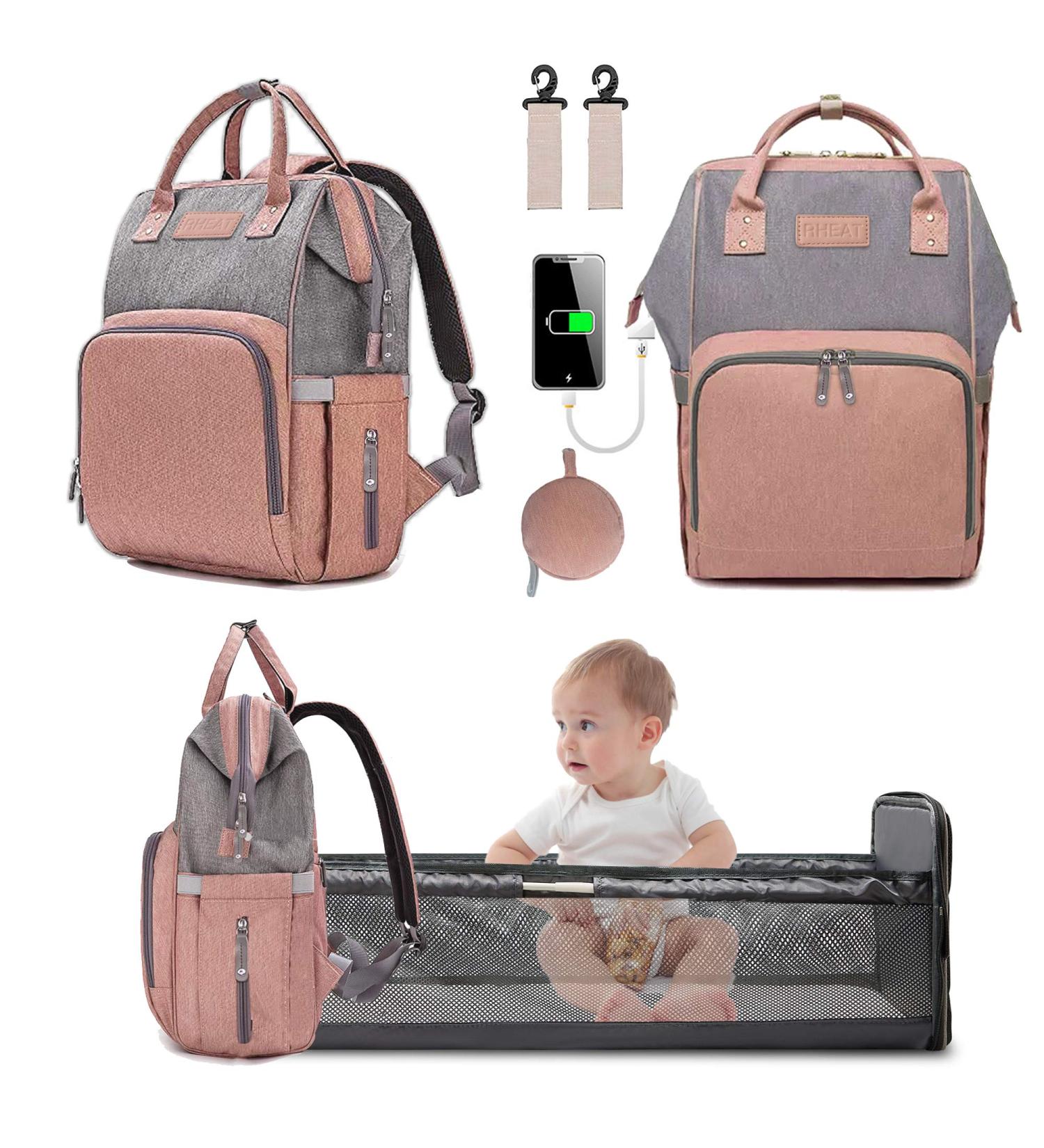 3 in 1 Diaper Bag Backpack with Changing Station and Portable Baby Bed | USB Charge | Maternity Bag | Orange-Pink Pink | New One Size - Buy Online on GoSupps.com