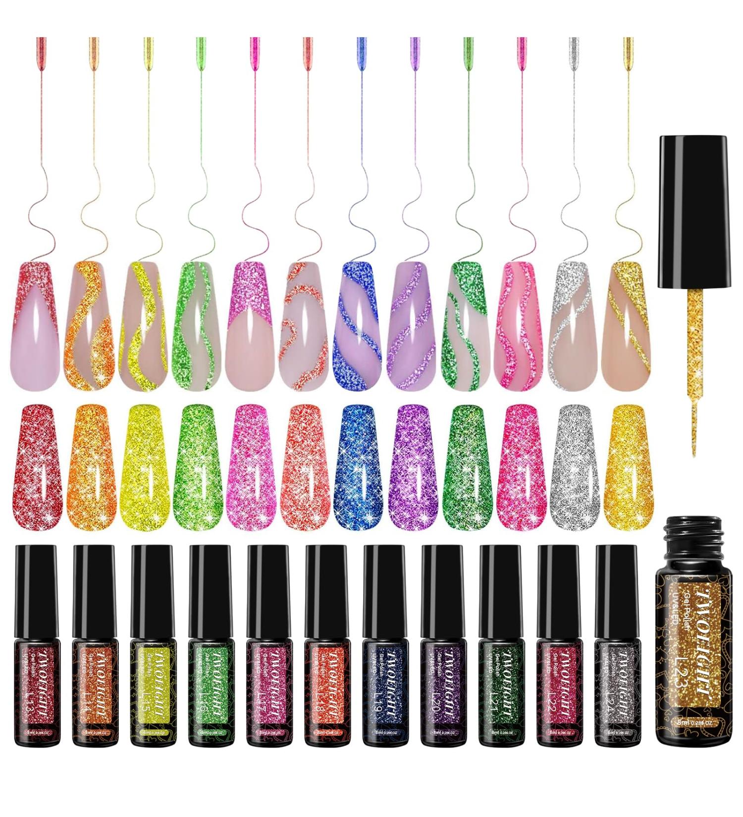 12 Colors Gel Nail Polish Liner Set - Reflective Glitter UV Gel for DIY Nail Art & Manicure Gifts - Buy Online on GoSupps.com
