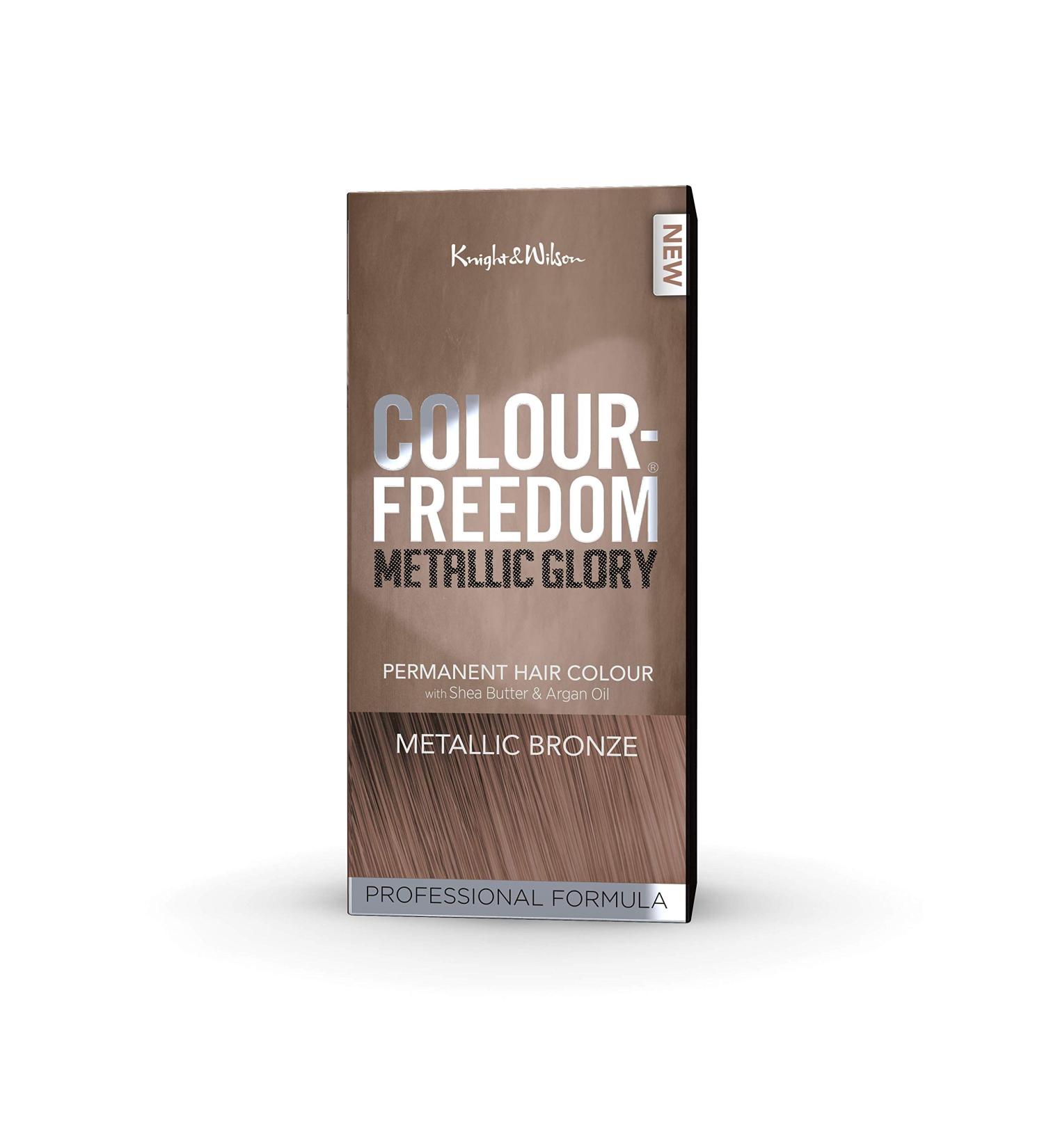 Colour Freedom Metallic Permanent Bronze Conditioning Hair Dye. Infused with Shea Butter and Argan Oil for Ultra Glossy Conditioned Hair. 100% grey coverage. By Knight & Wilson. Metallic Bronze 1 Count (Pack of 1)