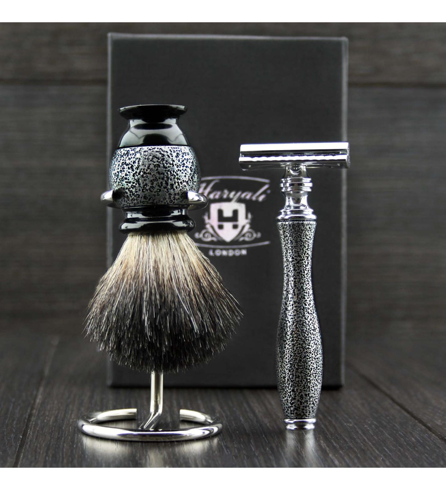 Men's Shaving Set - Black Badger Hair Brush Safety Razor (Blades Not Included) & Stand | International Shipping Available - Buy Online on GoSupps.com