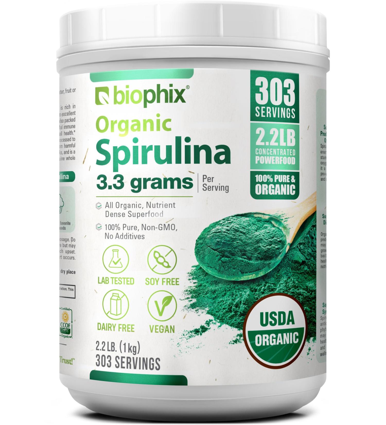 biophix Organic Spirulina Powder 2.2 Lbs 100% Pure Spirulina Blue Green Algae Powder Vegan Non GMO Non-Irradiated USDA Certified Best Protein Superfood - Buy Online on GoSupps.com