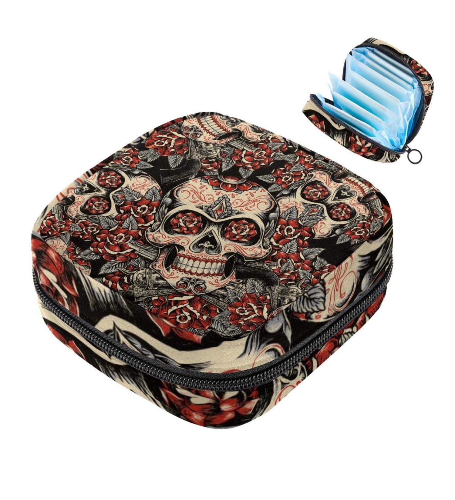 Rosen Sugar Skull Menstrual Pad Bag | Stylish Sanitary Napkin Storage for Teens & Women | Zipper Pocket for Menstrual Cups - Buy Online on GoSupps.com