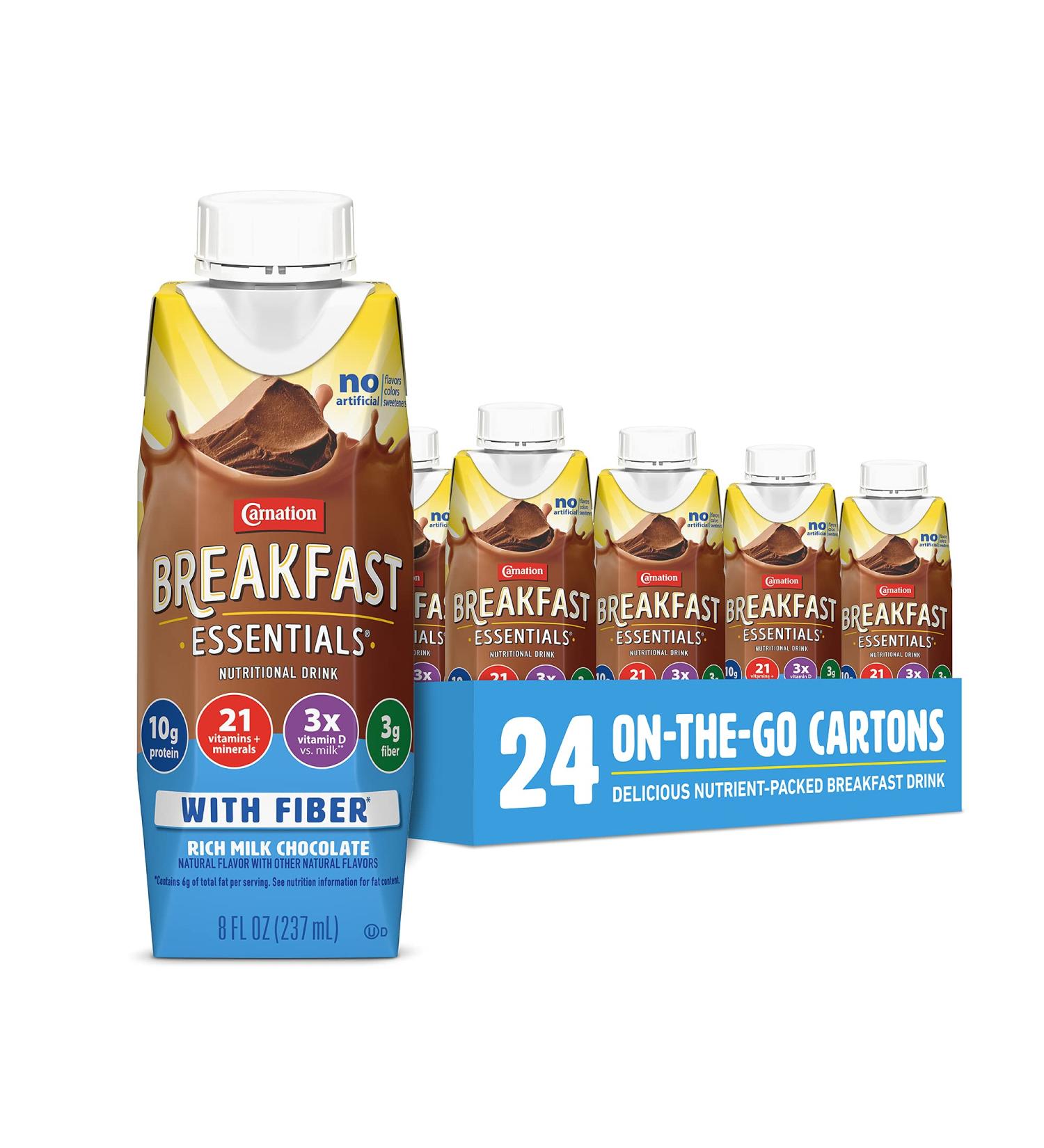 Carnation Breakfast Essentials Ready to Drink with Fiber - Rich Milk Chocolate 8 FL OZ Carton (Pack of 24) - Buy Online on GoSupps.com
